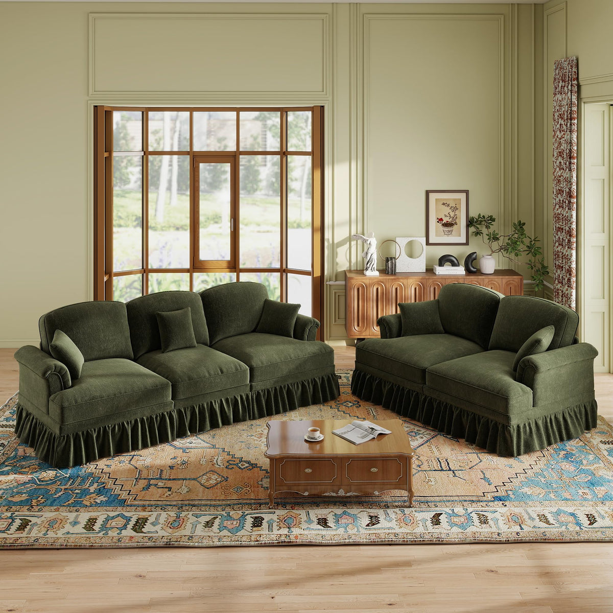 107'' Modern Sectional Sofa, Upholstered U-Shaped Couch with Removable Ruffles Pleats Skirts, Silver Chenille Cloud Couch, Ottoman, Flared Arms, 4-Seat Couches for Living Room, Bedroom, Camel