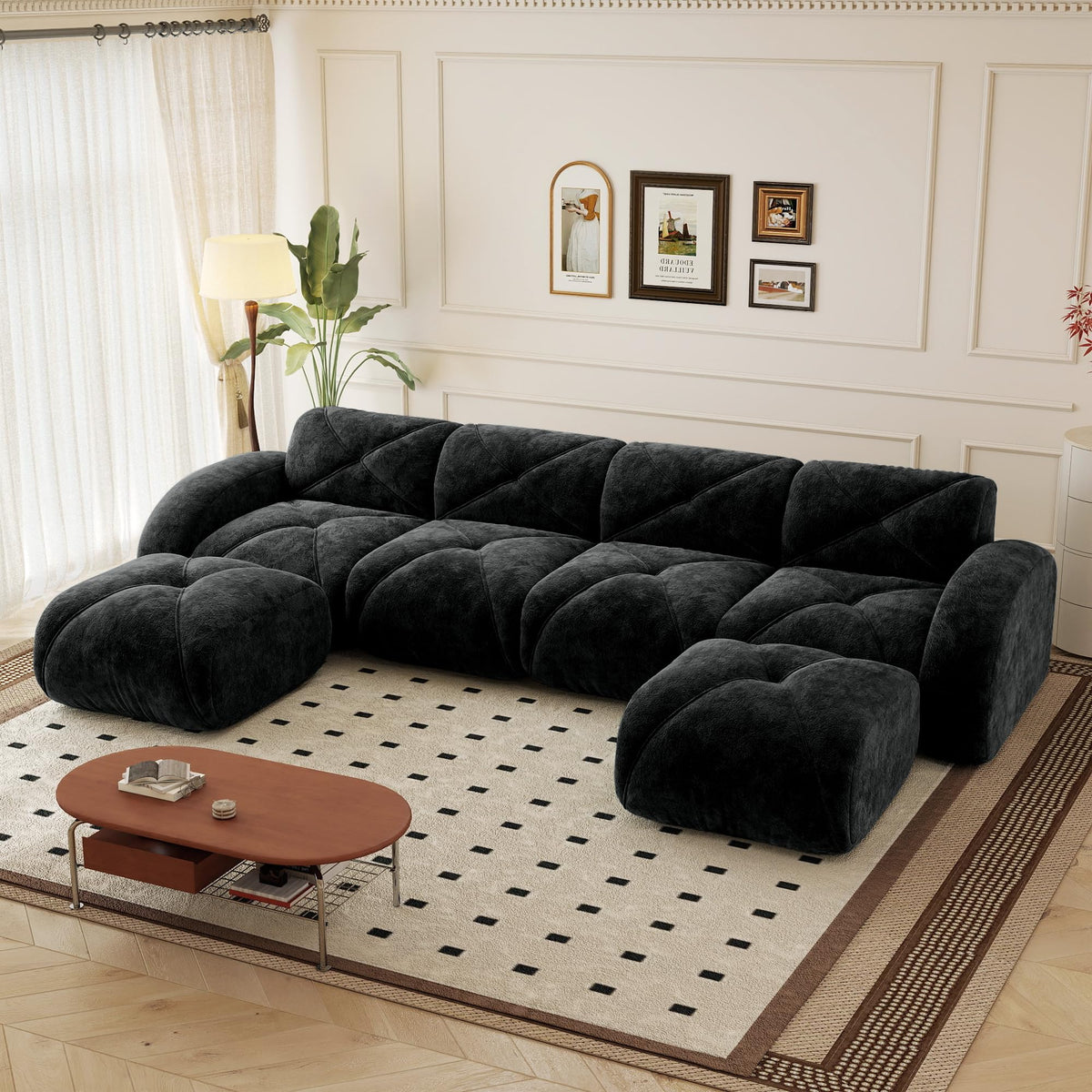110.6" U Shaped Boneless Couch with Ottoman, Convertible Modular Sectional Cloud Sofa, Deep Seat 5 Seater Velvet Couch, 32D High Density Foam Sofas for Living Room, No Assembly Required, Camel