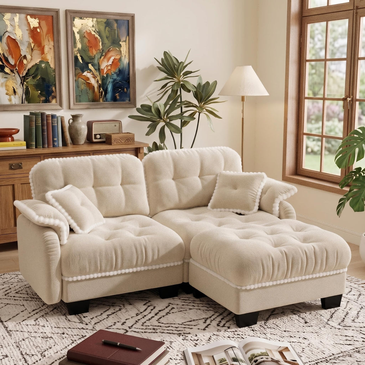 100.7" Chenille Cloud 3-Seater Sofa, Tufted Deep Seat Couch with Pom-Pom Trim & 4 Pillows, Ergonomic Easy Assembly Modular Sofa for Living Room & Apartment（Green ）