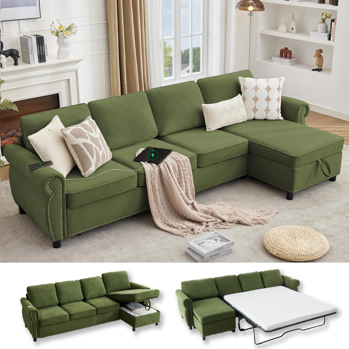 106.5'' Sectional Sleeper Sofa Bed, Flannel Pull Out Couch Mattress, Green