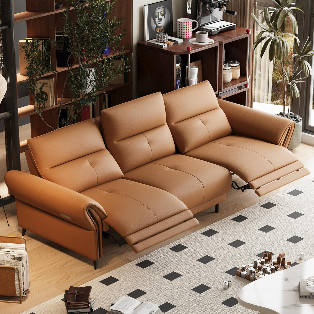 112.5" Orange Leather 3-Seat Power Recliner Sofa Dual Motor