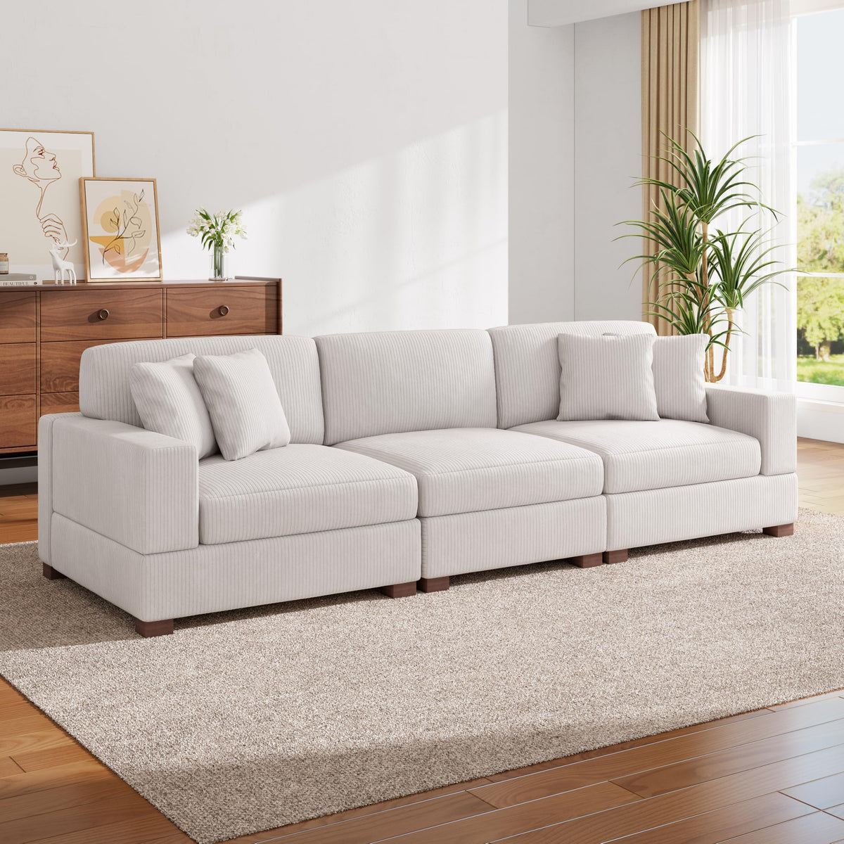 118.3" L-Shaped Modular Sectional Sofa with Chaise, Comfy Corduroy Fluffy Couch with Deep Seat, Flexible Module Combination for Living Room, Cotton Flannel Light Brown