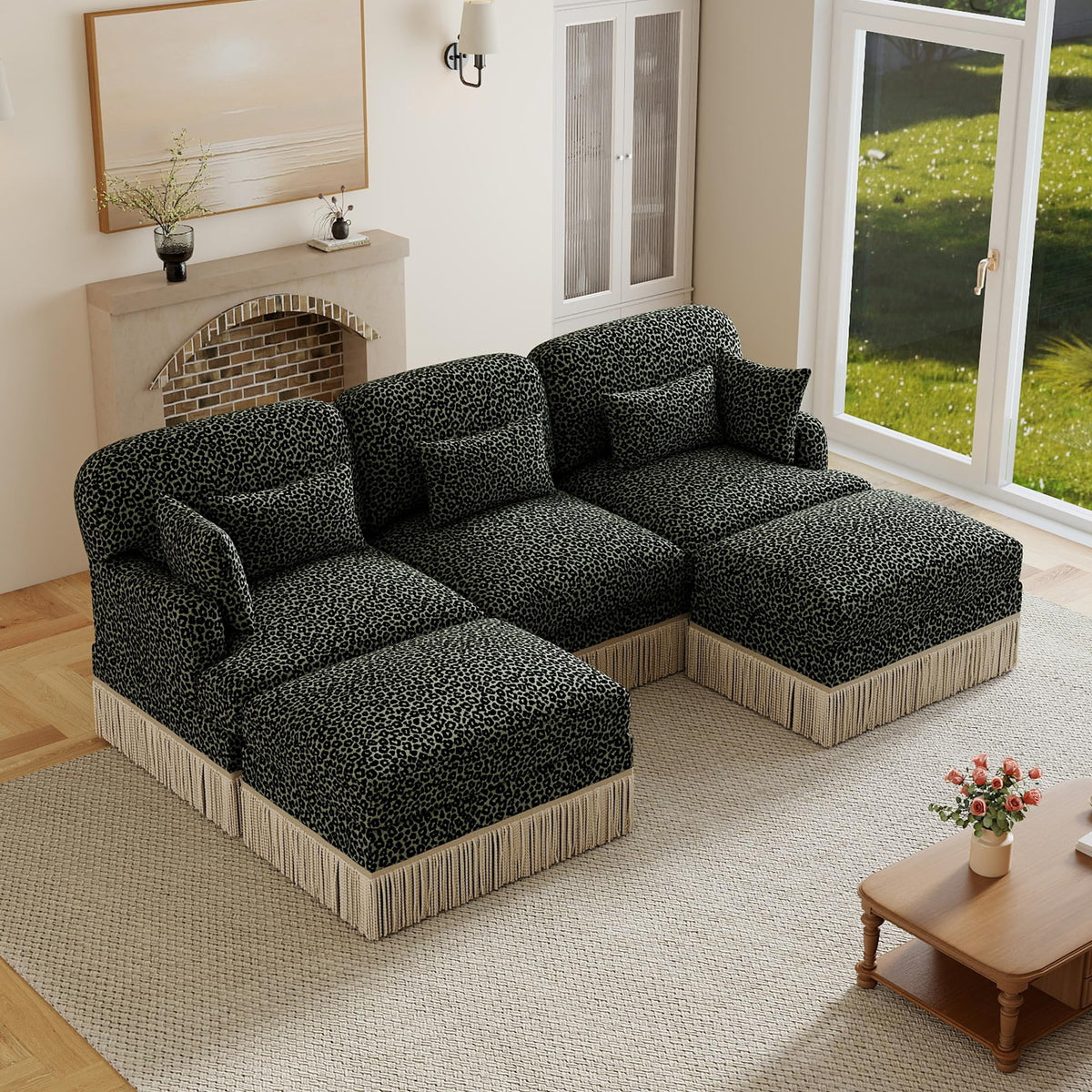 100" Leopard Print Chenille Modular Sectional Sofa with Tassels, L-Shaped Deep Seat Cloud Couch with Ottomans for Living Room, BGE-KHK