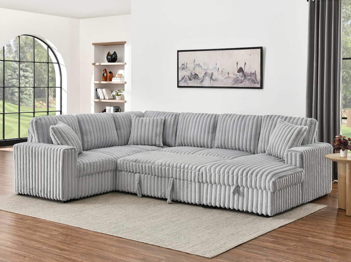 122 Inch Pull Out Couch, Rabbit Plush Fabric Sofa Bed with USB Ports, Oversized U Shape Sectional Sleeper Sofa Bed with Storage Chaise, Grey