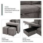 104.5 inch Reversible Sleeper Sectional Sofa with Pull Out Bed , Convertible L Shaped Sectional Couch with Storage Chaise and 2 Stools , Tufted Upholstered Pullout Sofa Bed for Living Room Apartment