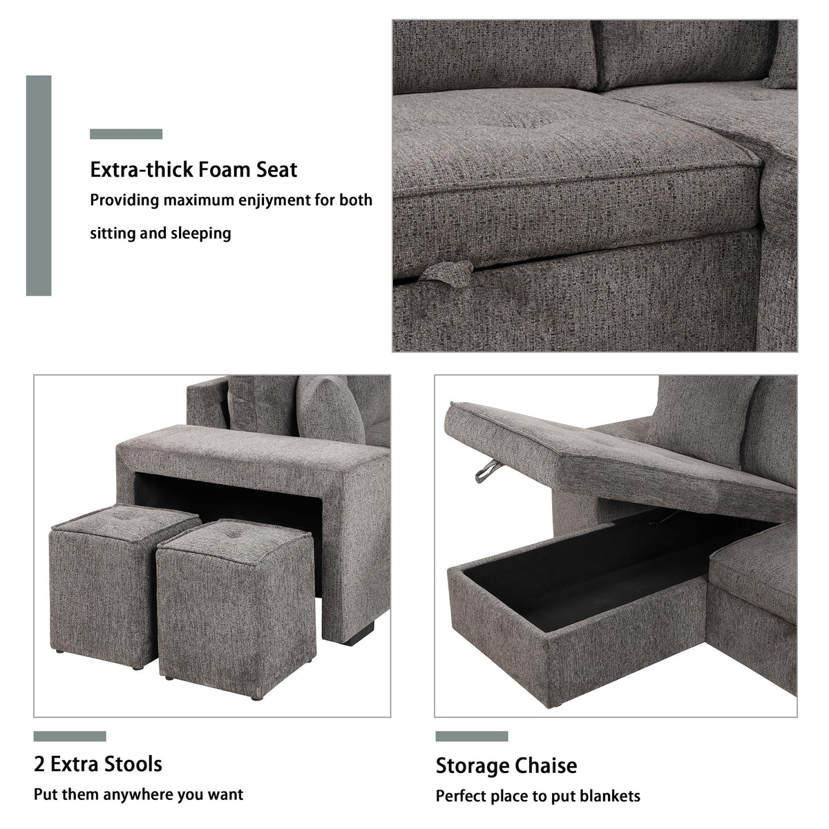 104.5 inch Reversible Sleeper Sectional Sofa with Pull Out Bed , Convertible L Shaped Sectional Couch with Storage Chaise and 2 Stools , Tufted Upholstered Pullout Sofa Bed for Living Room Apartment