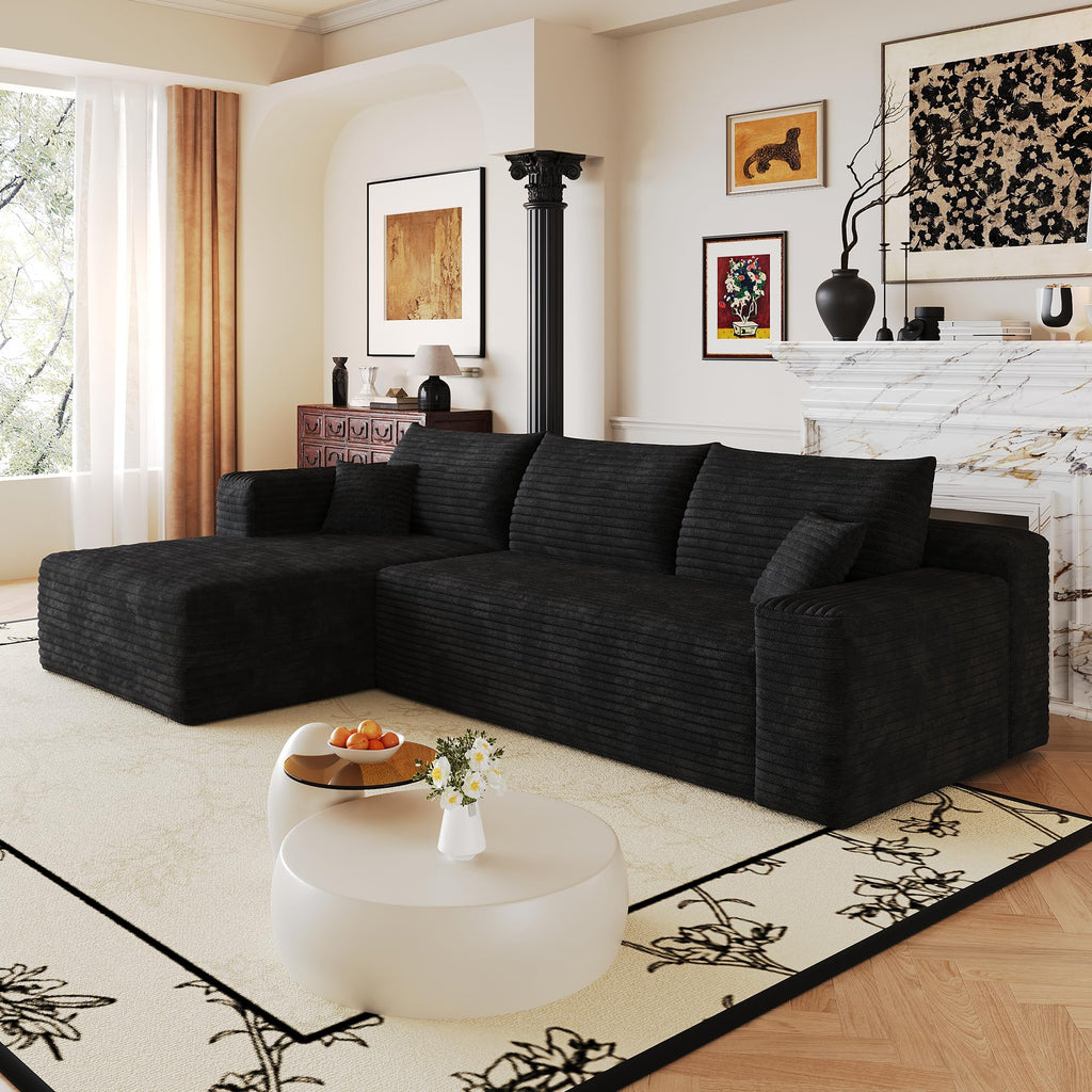 107" U-Shaped Cloud Sectional Couch with Ottoman for Living Room, Boneless Sofa, Compressed Sofa, No Assembly Required, Black Corduroy, Right Chaise