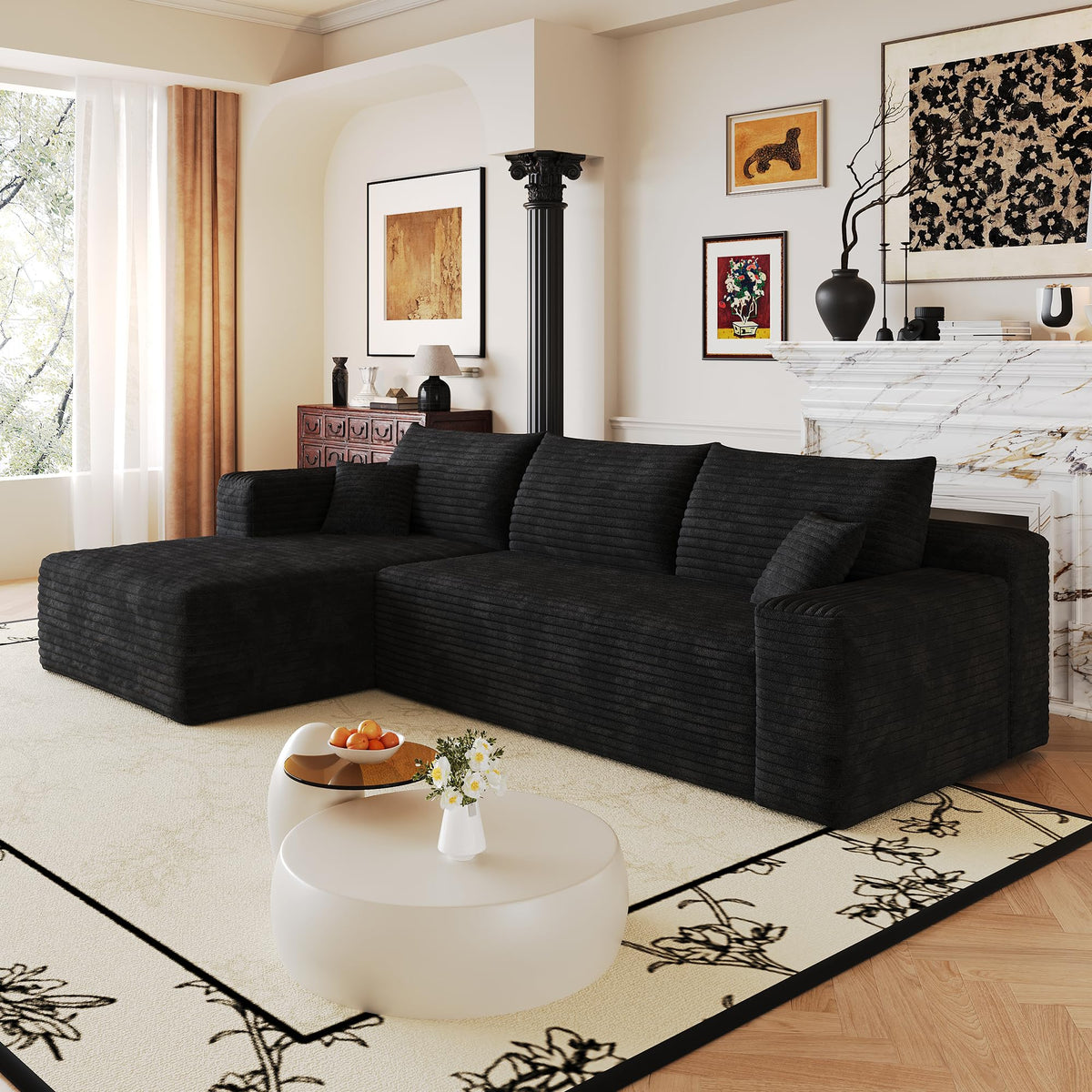 107" U-Shaped Cloud Sectional Couch with Ottoman for Living Room, Boneless Sofa, Compressed Sofa, No Assembly Required, Black Corduroy, Right Chaise