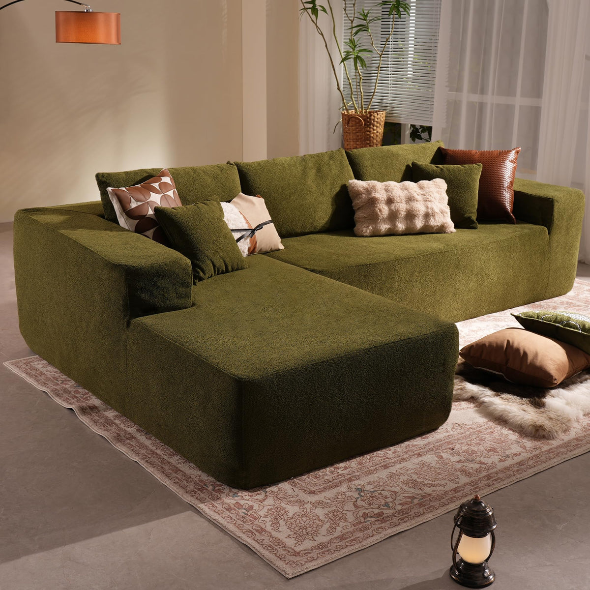 106" Cloud Sectional Couch with L-Shape Chaise & Ottoman, No Assembly Modular Sofa, Deep Seat Plush Corduroy Boneless Couched for Living Room (Black Plush Corduroy, L Shape with Ottoman-Left Facing)
