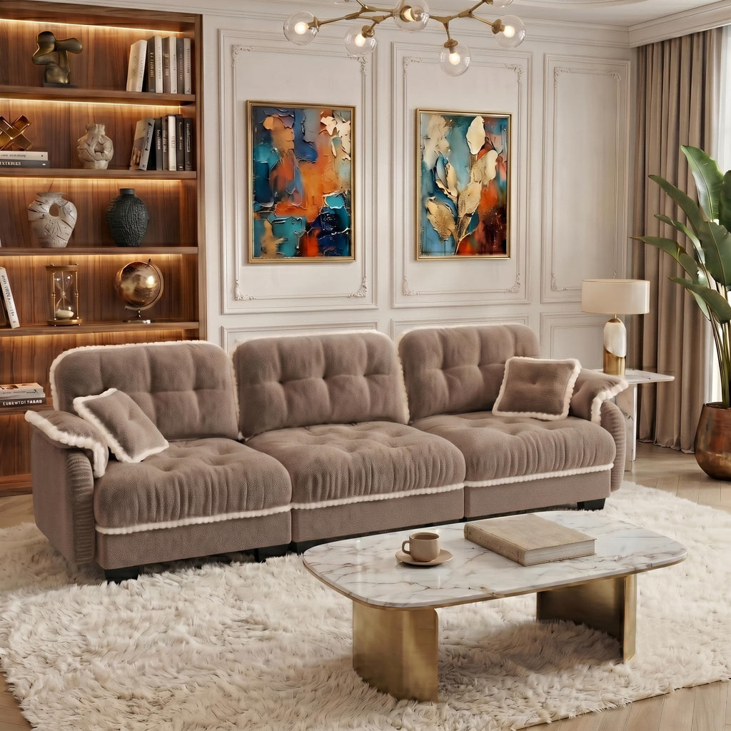 100.7" Chenille Cloud 3-Seater Sofa, Tufted Deep Seat Couch with Pom-Pom Trim & 4 Pillows, Ergonomic Easy Assembly Modular Sofa for Living Room & Apartment（Green ）