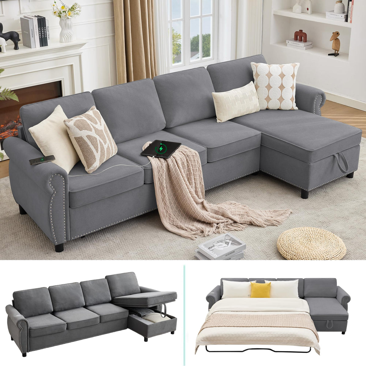 106.5" Convertible Sleeper Sofa Bed with Pull Out Couch, Dark Grey L Shaped Couch with Storage Chaise & Memory Mattress, Modular Sectional Couches with Wireless Charging & USB for Living Room