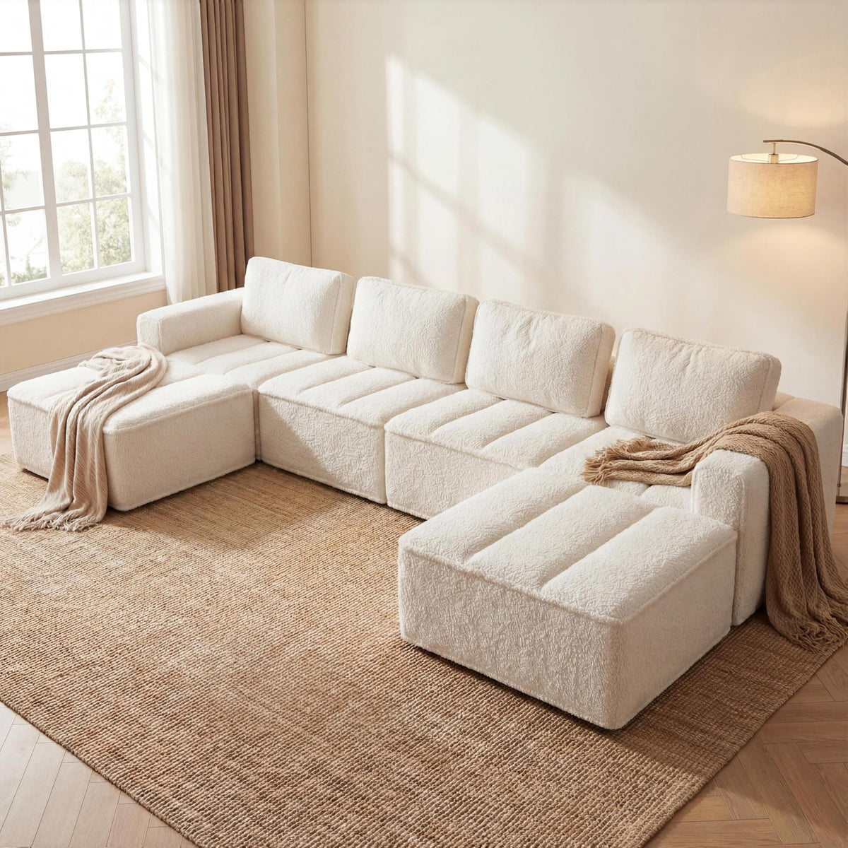 Vipbear 145" U Shaped Modular Sectional Sofa with Ottoman, Boneless Comfy Couch with Layered Cushion, Upholstered Couch in a Box, Flexible Module Combination for Living Room, No Assembly, Grey