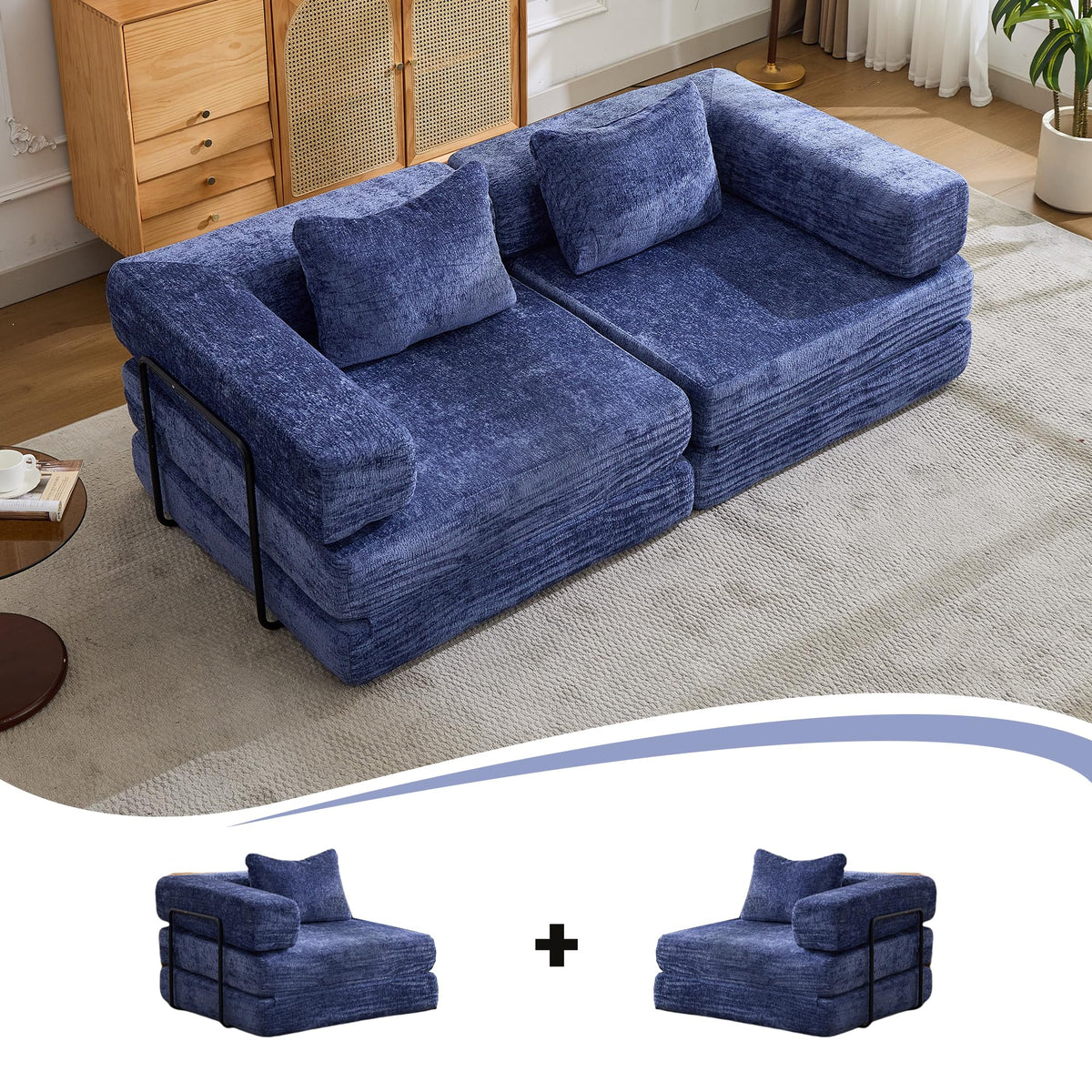 Tidyard Compression Sofa Bed, Convertible Floor Sofa with Fixed Frame, No Assembly Needed, Chenille Fabric Modular Loveseat, Dark Blue for Living Room & Bedroom