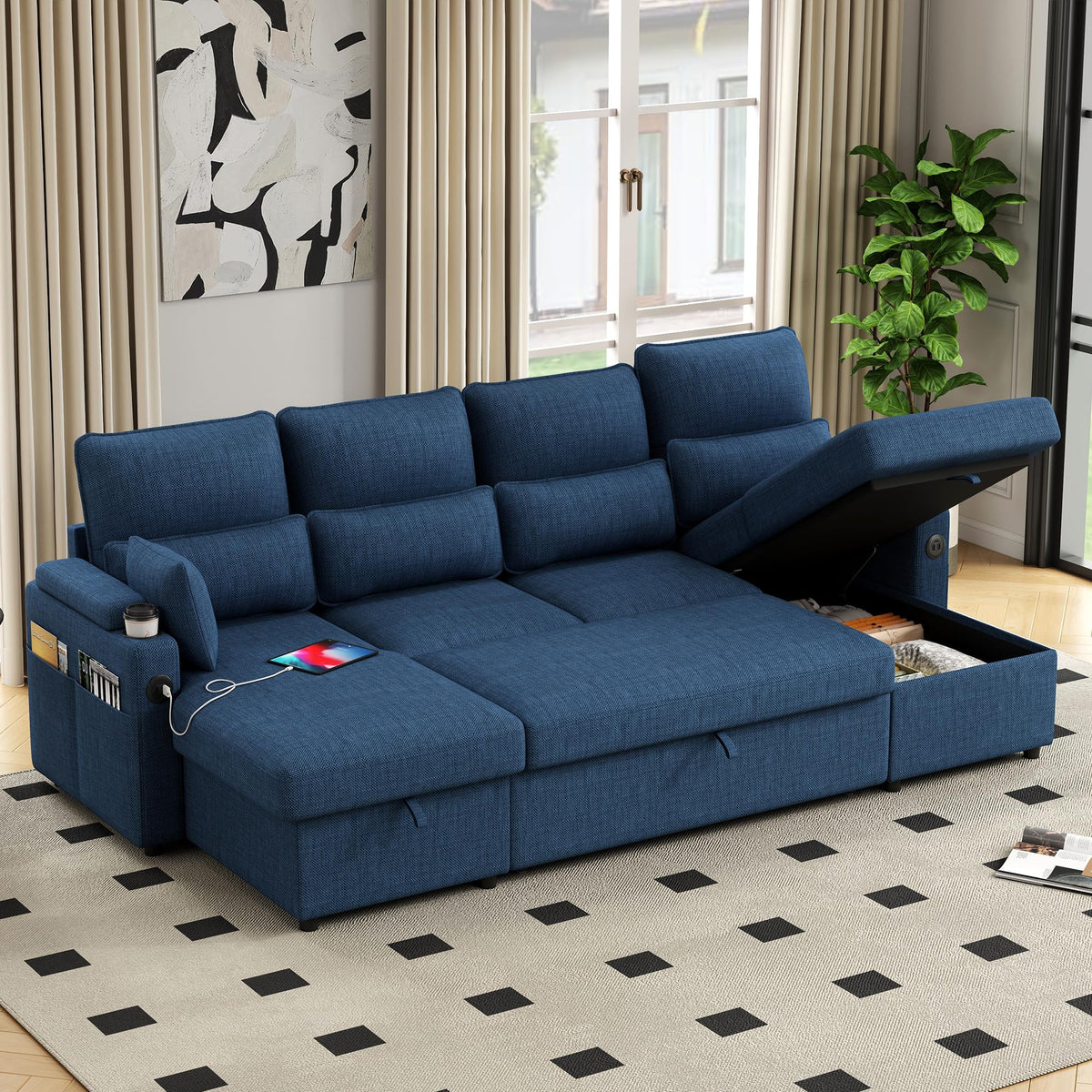 104.7" Sleeper Sofa Bed with Pull Out Bed, U-Shaped Sectional Couch with Storage Chaise, USB & Type-C Charging Ports, Cup Holders, Convertible Sofa for Living Room Apartment (Blue-4-seat, 104.7")