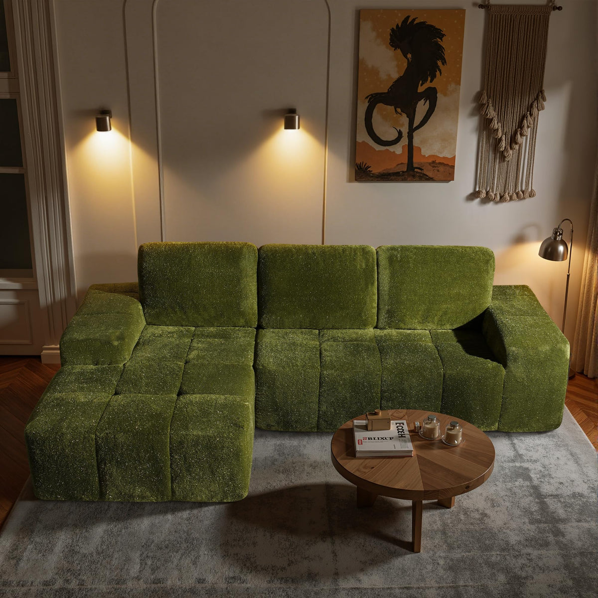 104" L-Shape Modular Sectional Sofa Couch,Comfy Upholstered Cloud Couch for Living Room,Modern Minimalist Couches,Deep Seat,No Assembly Required (Black,Plush Corduroy, Right Facing Chaise w/Ottoman)