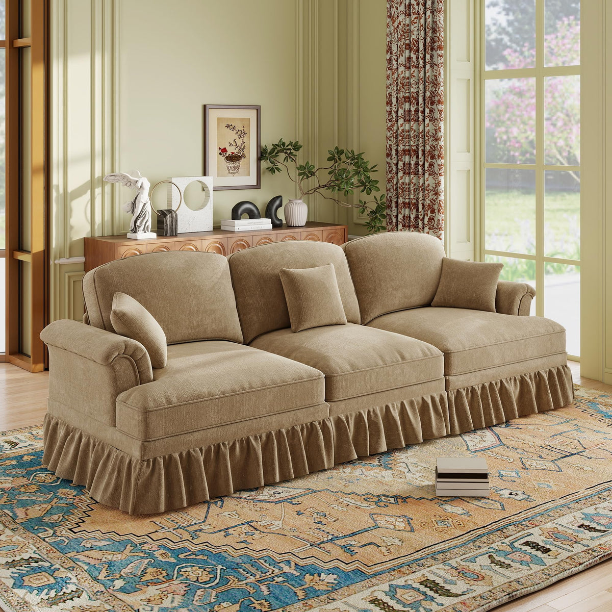 107'' Modern Sectional Sofa, Upholstered U-Shaped Couch with Removable Ruffles Pleats Skirts, Silver Chenille Cloud Couch, Ottoman, Flared Arms, 4-Seat Couches for Living Room, Bedroom, Camel