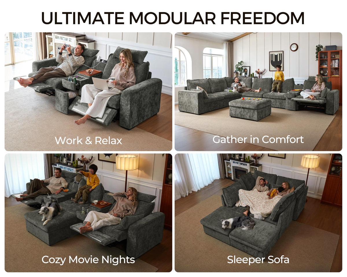120" Modular Power Reclining Sectional 6 Seater L-shaped Sofa, Chenille