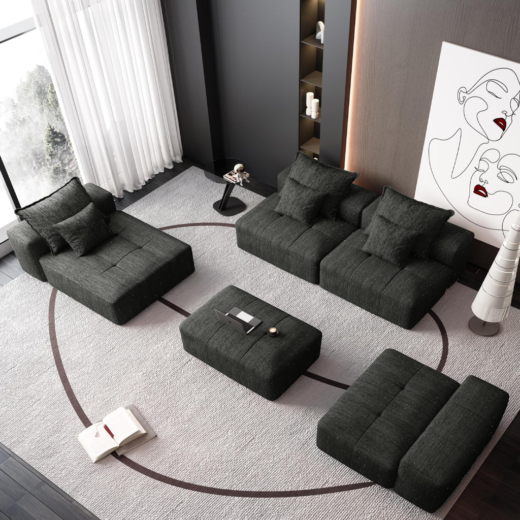 Tidyard Modern Sofa with 6 Pillows, Sparkling Chenille Fabric, No Assembly Required, Black