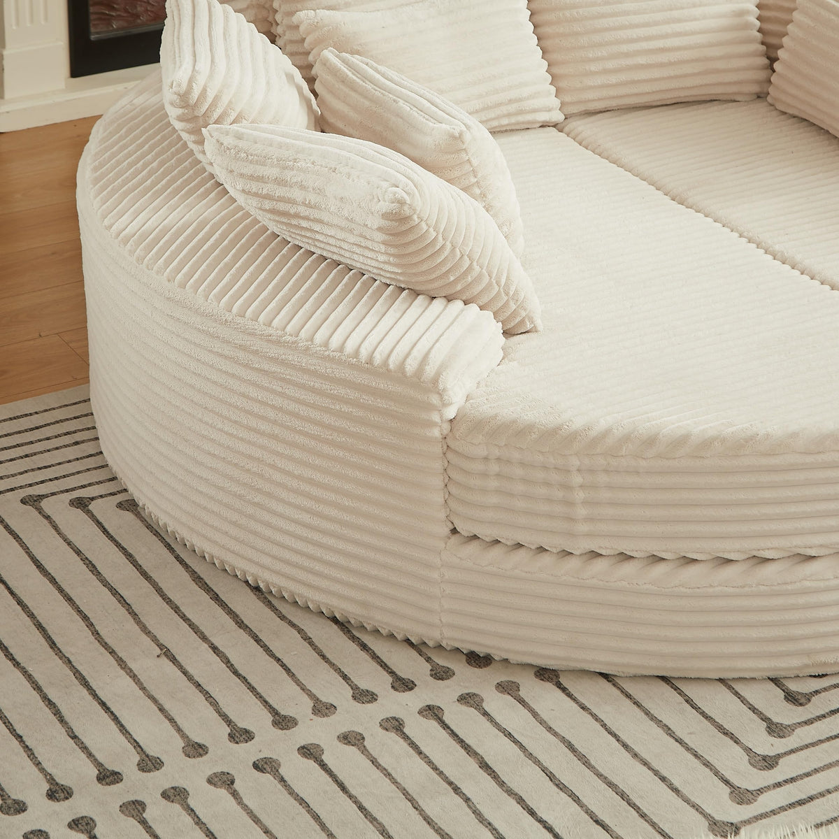 78.5" Beige Round Sofa Bed, Oversized Corduroy Boneless Couch, 2-in-1 Convertible Recliner Chair with Neck Pillow & 5 Throw Pillows, No Assembly, Living Room Lounge Furniture