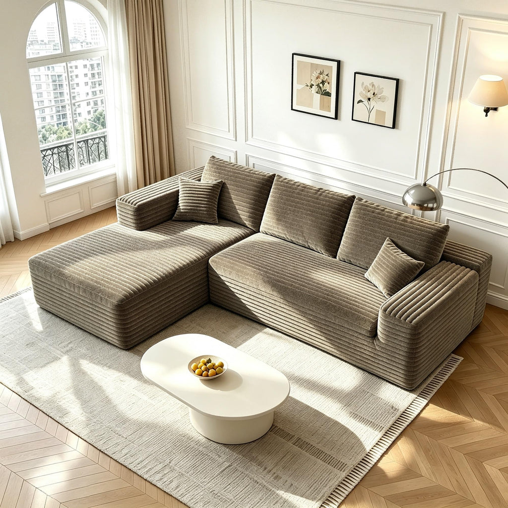 107" U-Shaped Cloud Sectional Couch with Ottoman for Living Room, Boneless Sofa, Compressed Sofa, No Assembly Required, Black Corduroy, Right Chaise