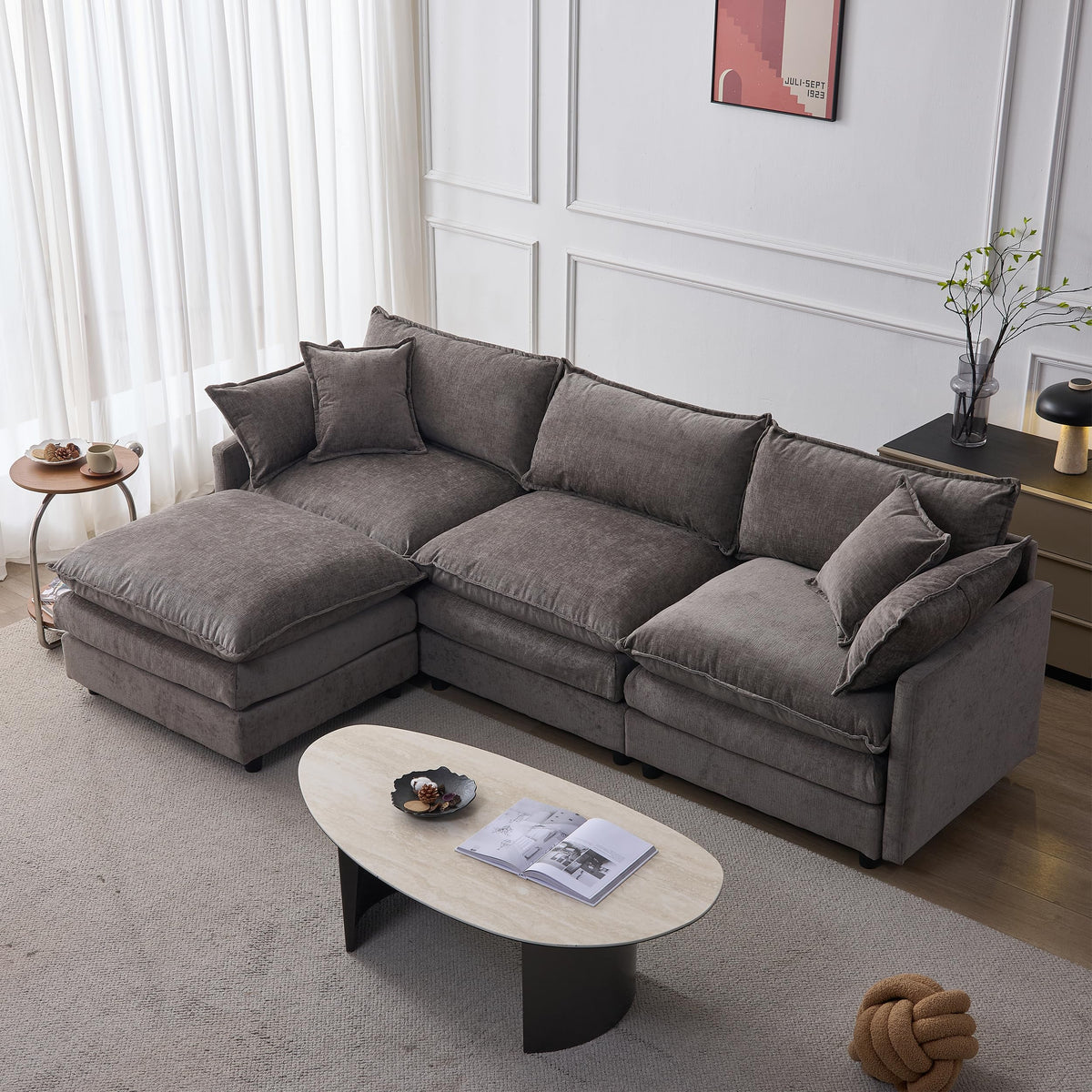 105 Inch Modular L Shaped Sofa with Ottoman, 3 Seater Chenille Fabric Sectional Couch, Independent Pocket Spring & High Density Foam Cushion, Solid Wood Frame Tool (Three White Seats)