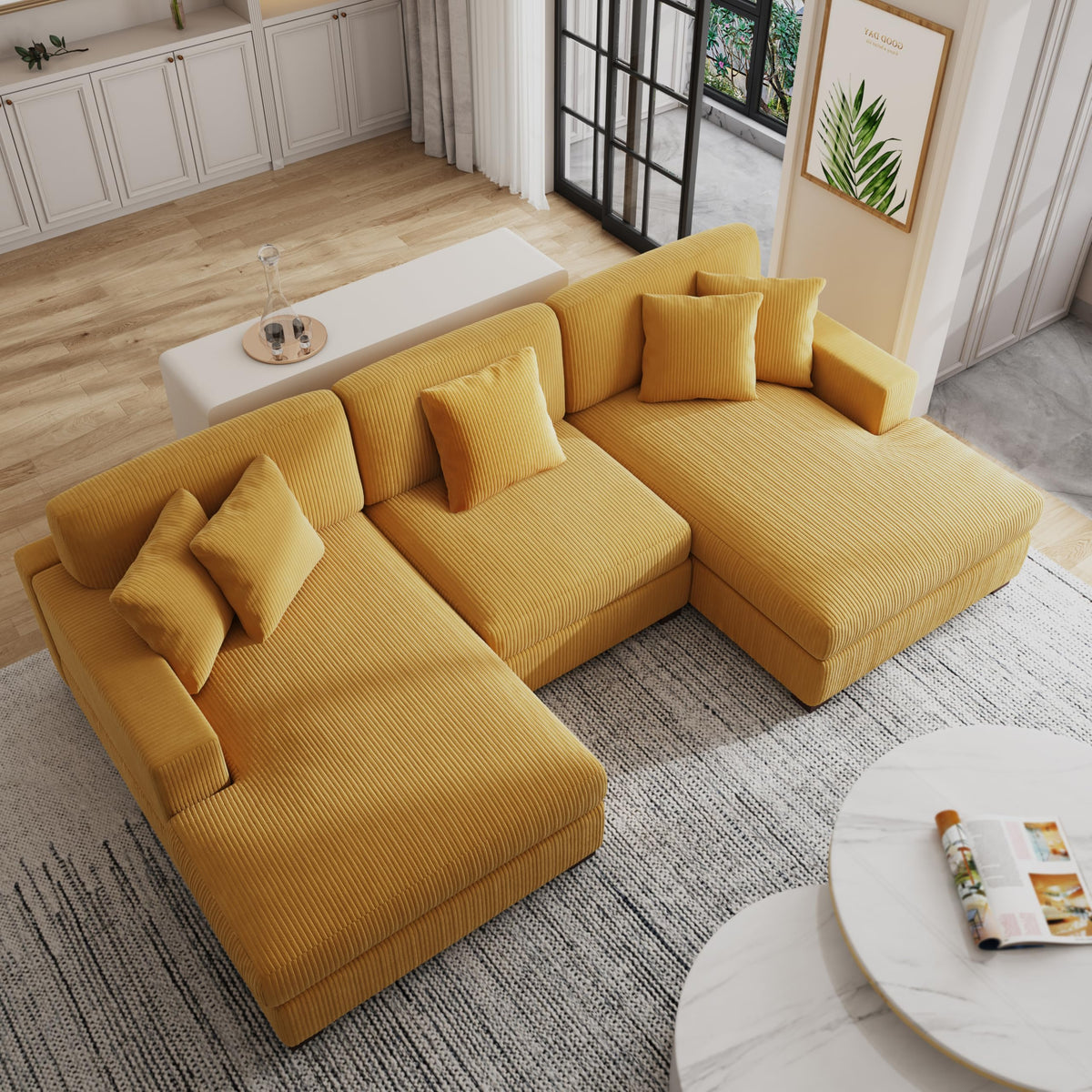 118.3" L-Shaped Modular Sectional Sofa with Chaise, Comfy Corduroy Fluffy Couch with Deep Seat, Flexible Module Combination for Living Room, Cotton Flannel Light Brown