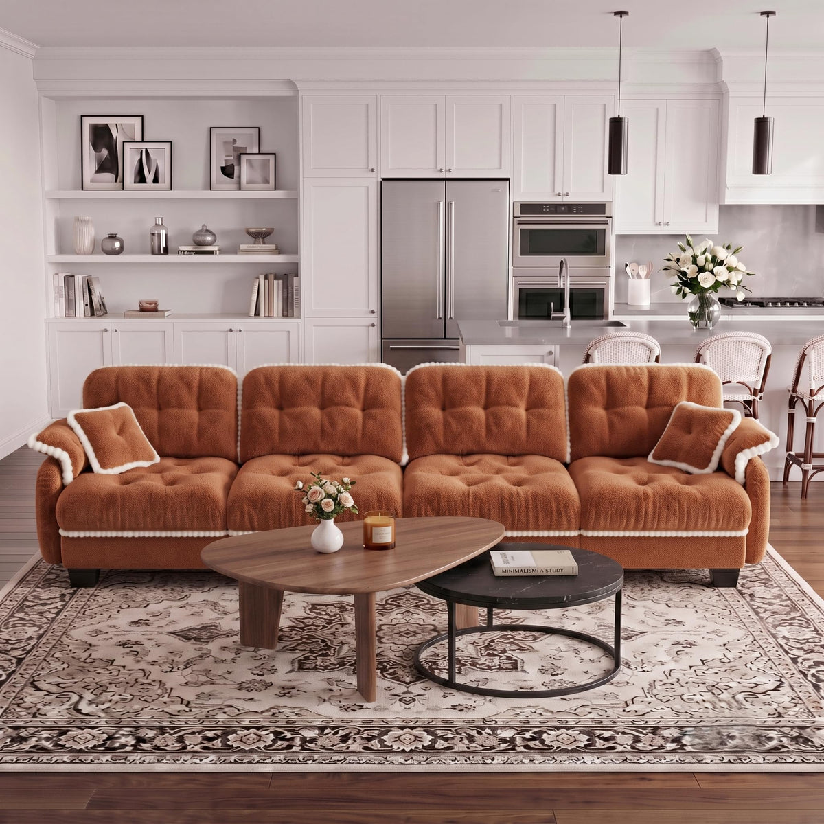 100.7" Chenille Cloud 3-Seater Sofa, Tufted Deep Seat Couch with Pom-Pom Trim & 4 Pillows, Ergonomic Easy Assembly Modular Sofa for Living Room & Apartment（Green ）