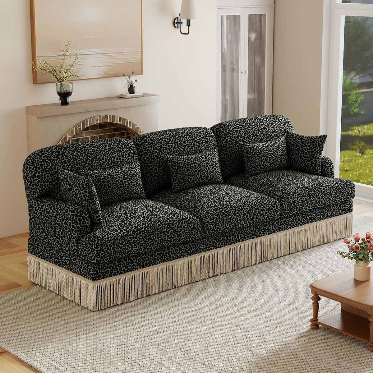 100" Leopard Print Chenille Modular Sectional Sofa with Tassels, L-Shaped Deep Seat Cloud Couch with Ottomans for Living Room, BGE-KHK