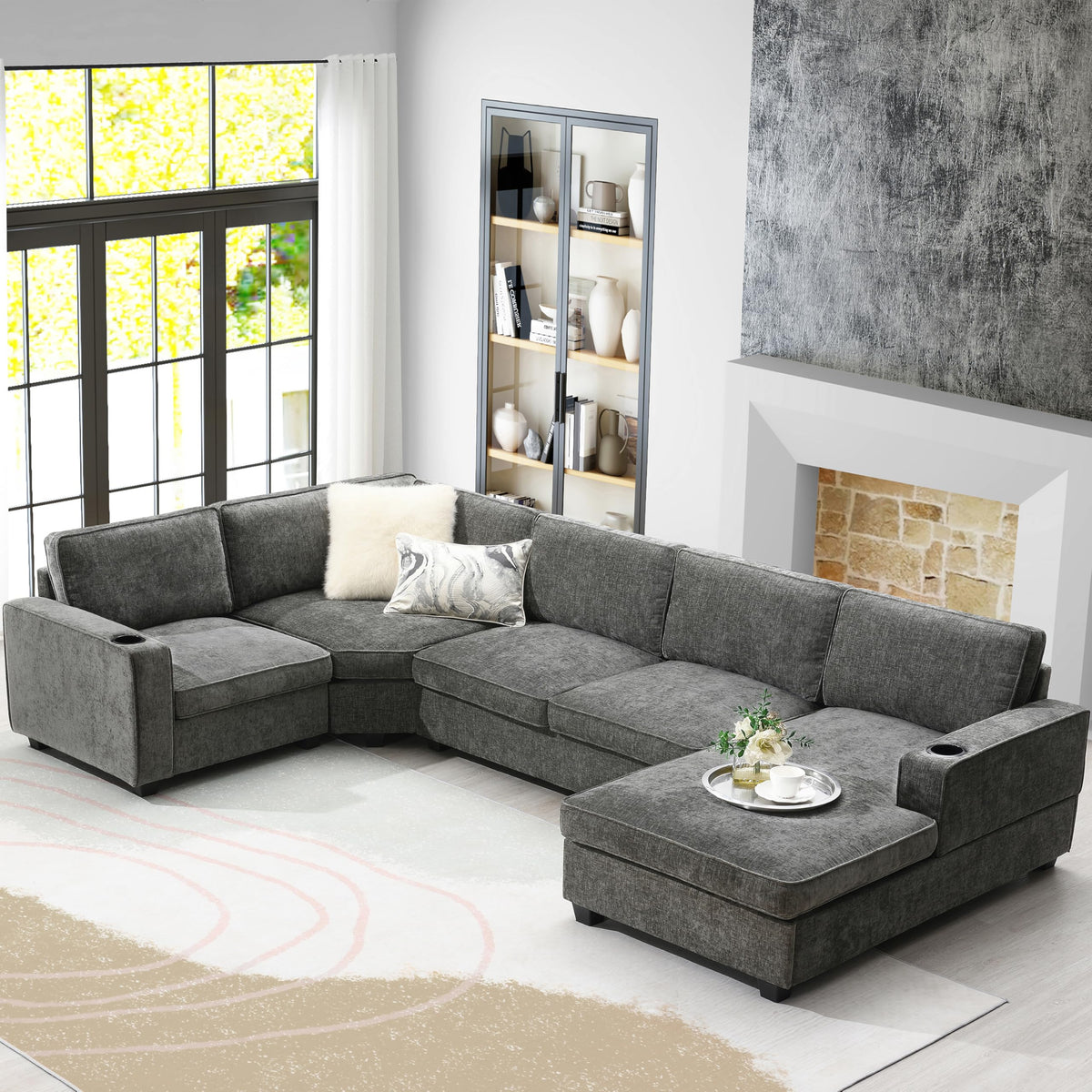 119" U Shaped Sectional Sofa, 6 Seat Chenille Corner Couch Set with Cup Holders, Oversized Chaise Lounge, Irregular Corner, Deep and Wide Seat, Comfy Sofa for Living RoomApartment, 2 Colors