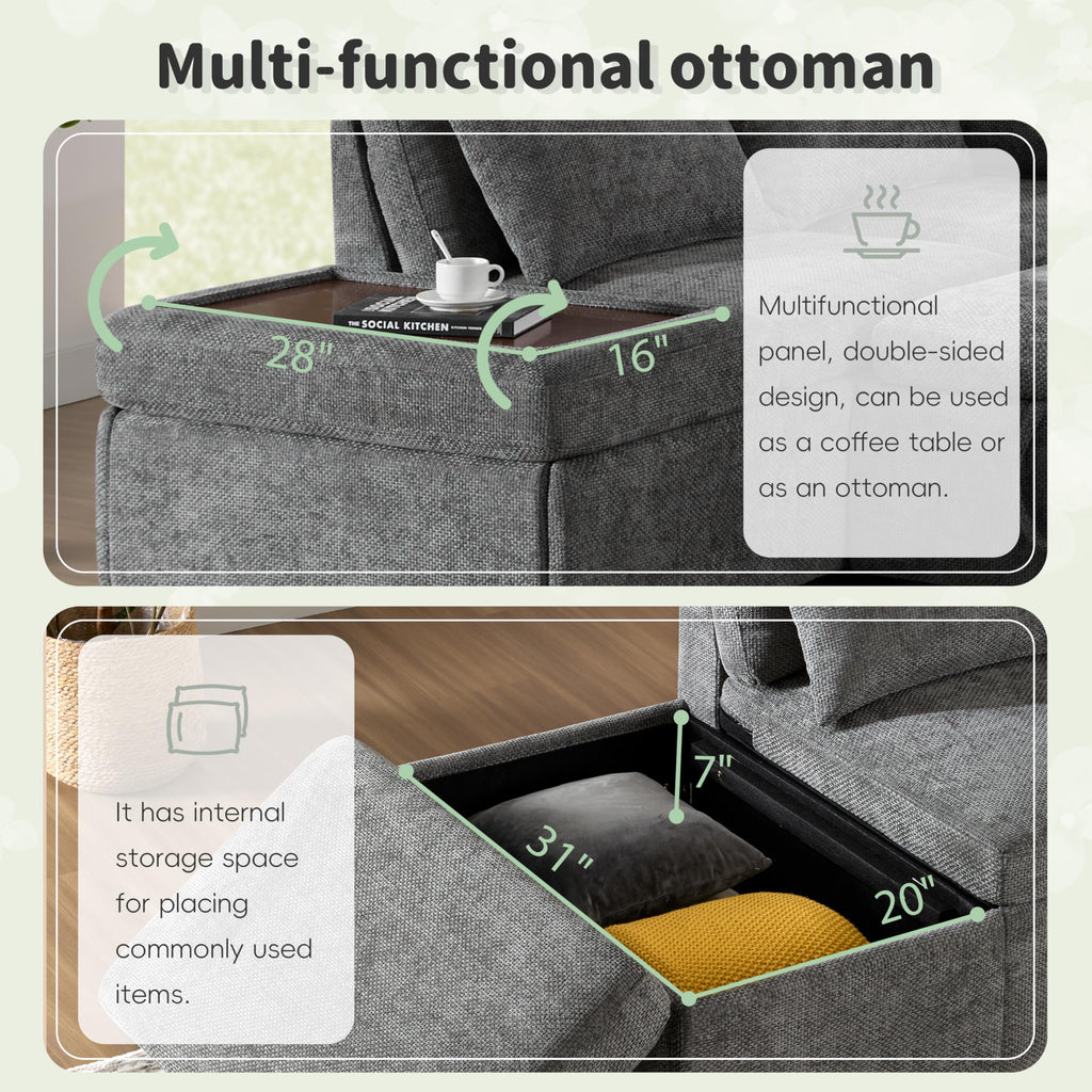 107'' Sectional Sleeper Sofa Bed with Pull Out Couch, Chenille L-Shaped Sofa with Adjustable Armrest, USB&Type-C Charging, Storage Ottoman, Free Combination for Living Room/Apartment, Gray