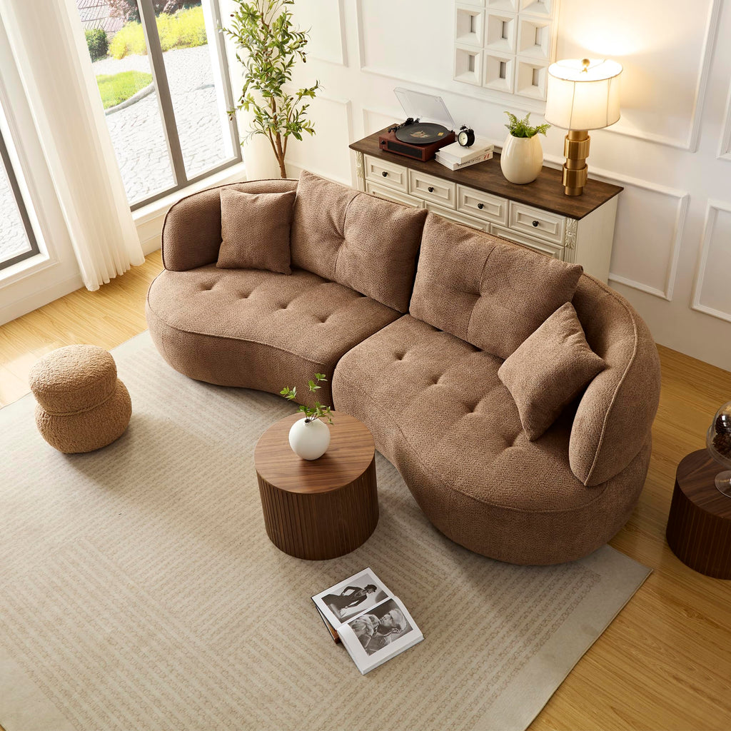 110.24'' Modern Moon Curve Couch with 4 Removable Throw Pillows,Durable Fabric Sectional Sofa with Solid Wood Frame,High Density Sponge, Easy Assembly,Camel