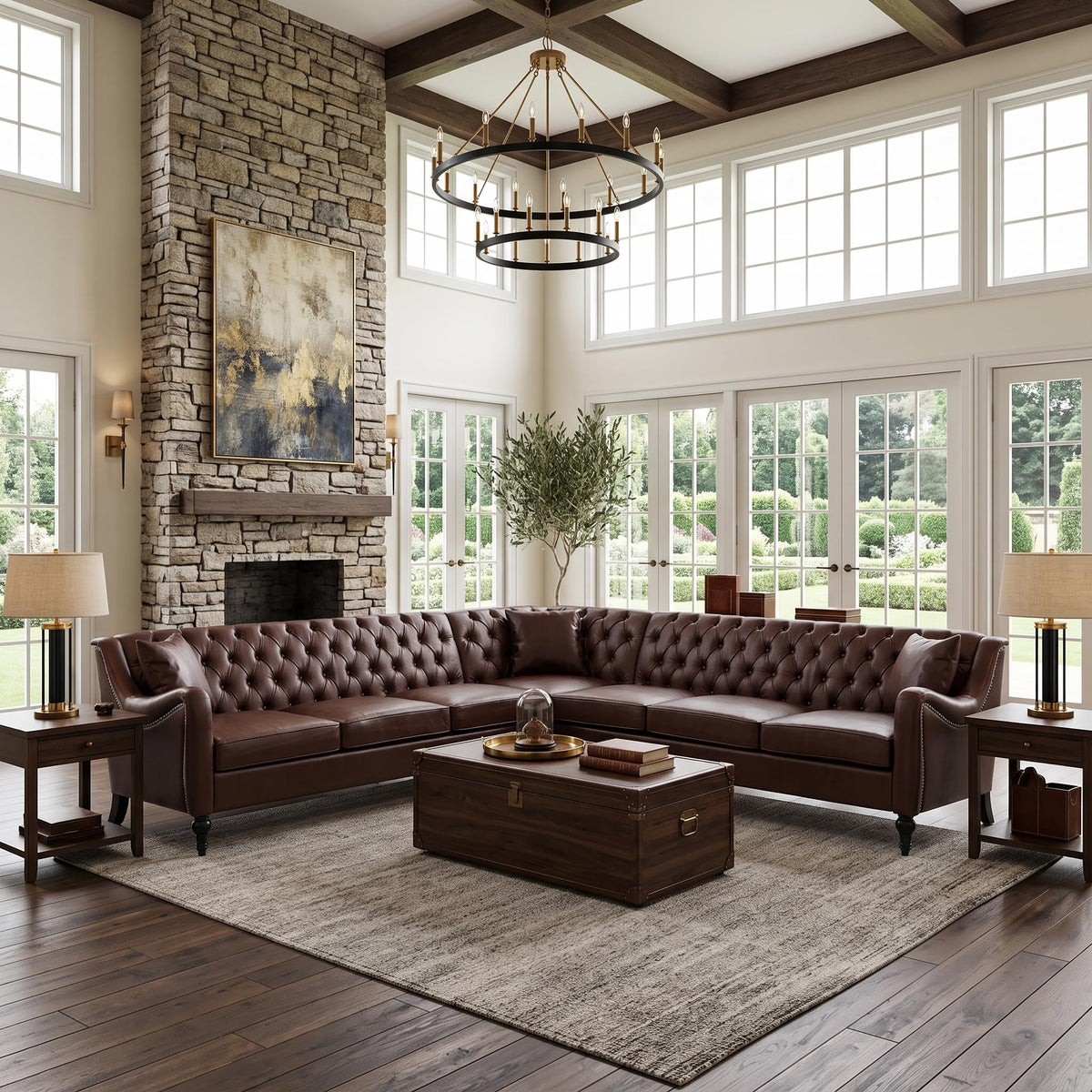 103" PU Leather Chesterfield L Shaped Sectional Sofa Couch, Dark Brown