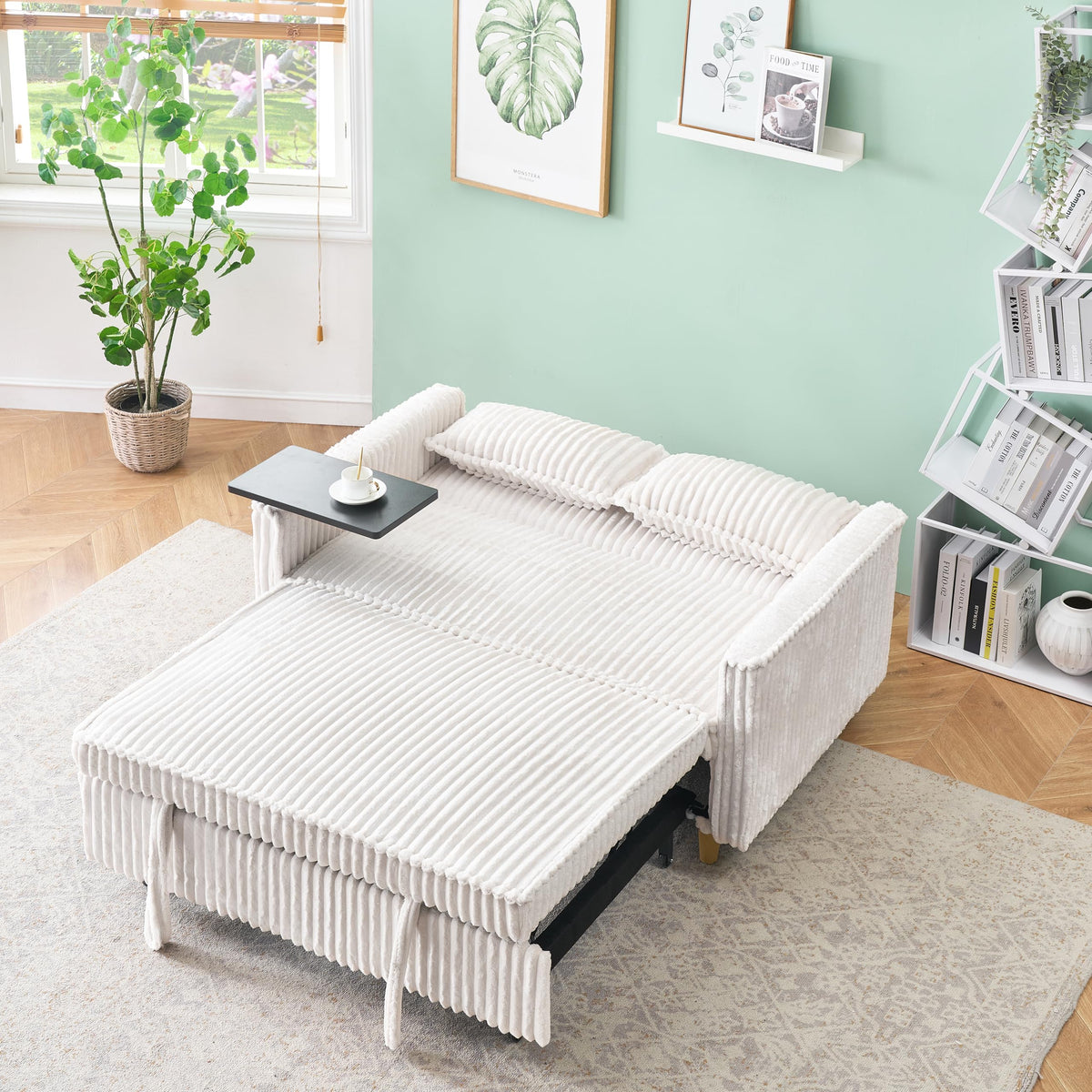 Tidyard Beige Corduroy Pull-Out Sofa with USB Ports & Movable Tabletops for Living Room or Bedroom – Converts to Bed, Includes Rollers and Throw Pillows