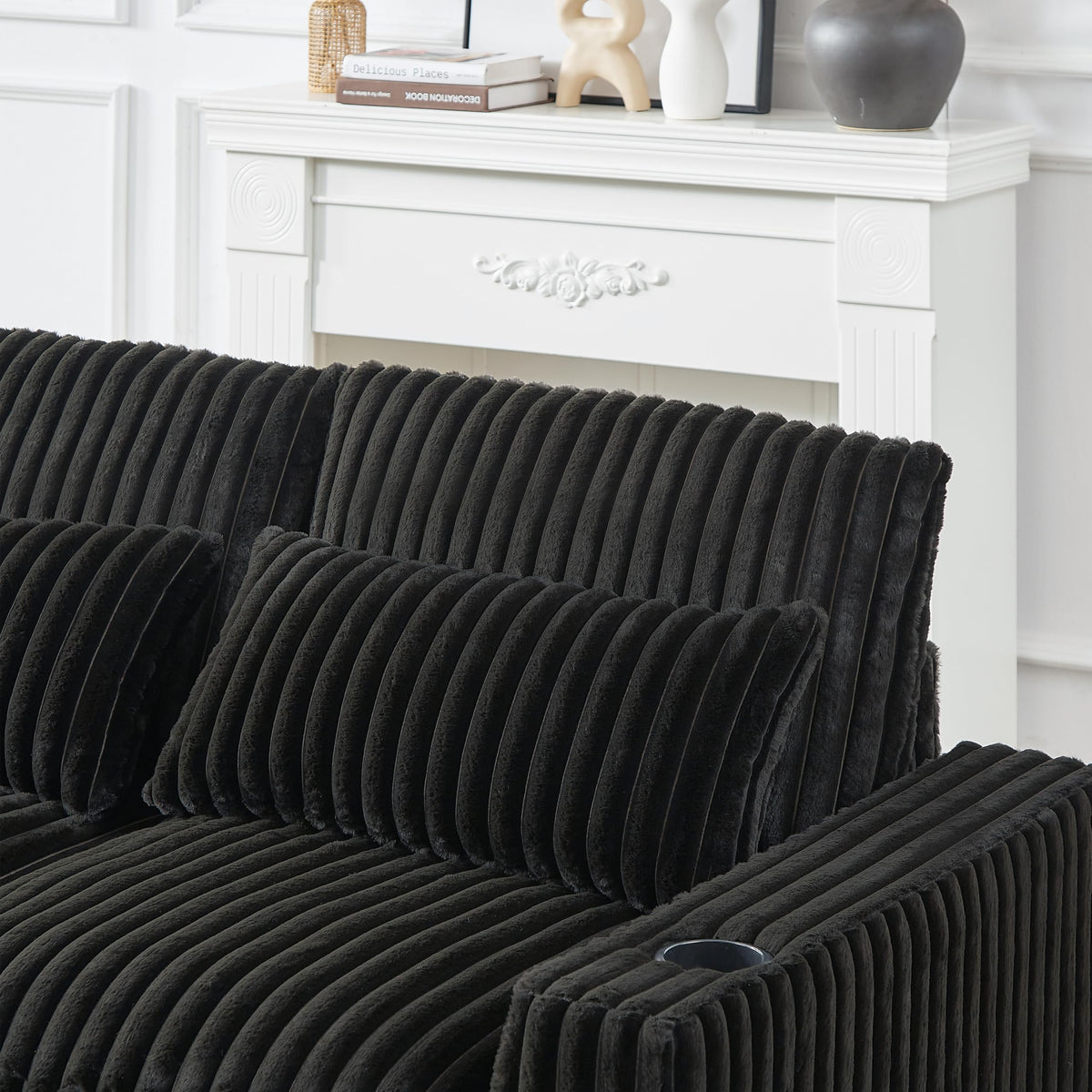 126 inch Corduroy with Cup Holder Super Large L Shaped Sofa, Movable Footrest, Four Waist Pillows and Four Back Cushion, with USB Port and Type C Port