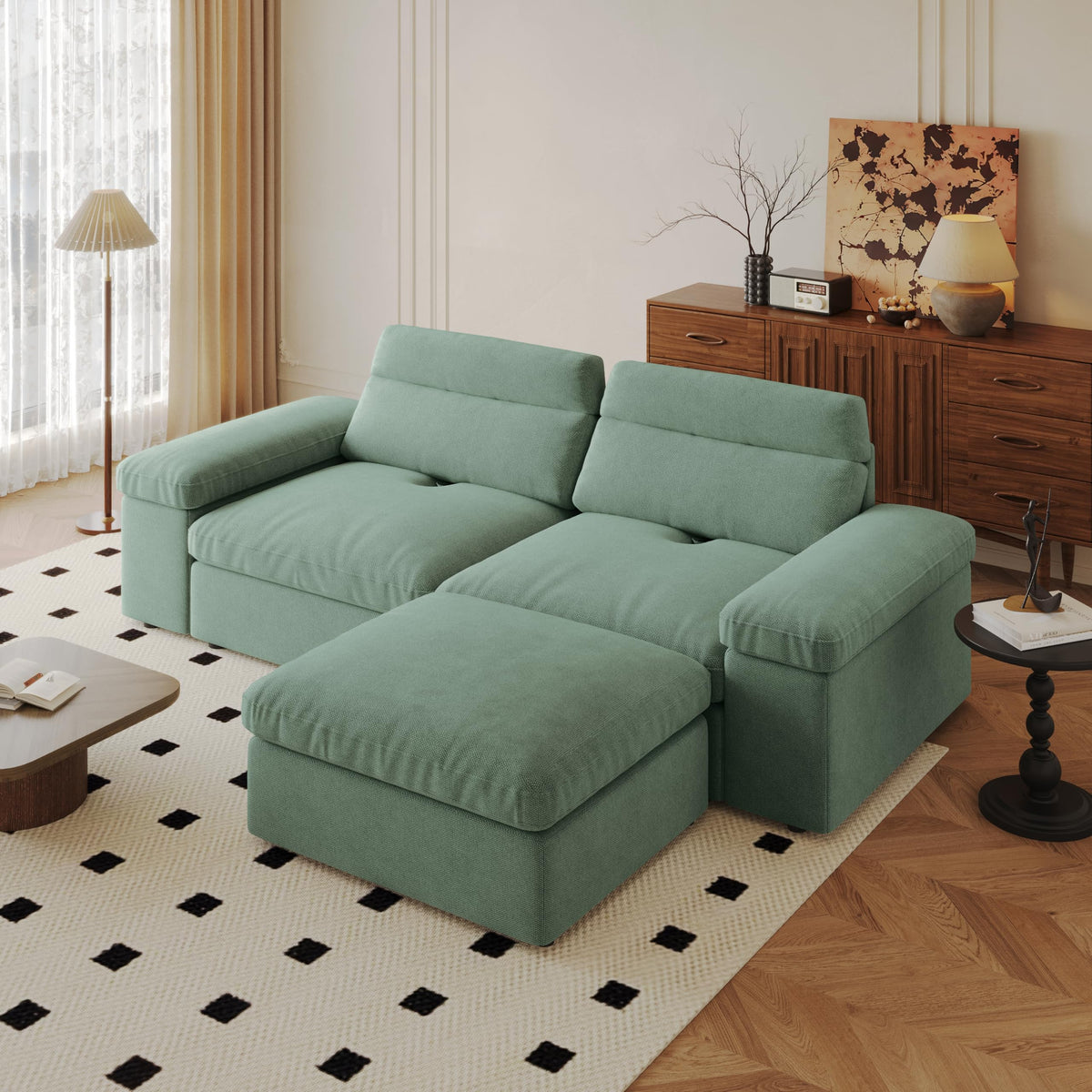 This Simple Modular Sofa is Made of Down and Linen, with a backrest That can be Adjusted Backward. It is Soft and Comfortable, has Storage Space, and is Suitable for Both Living Rooms and bedrooms