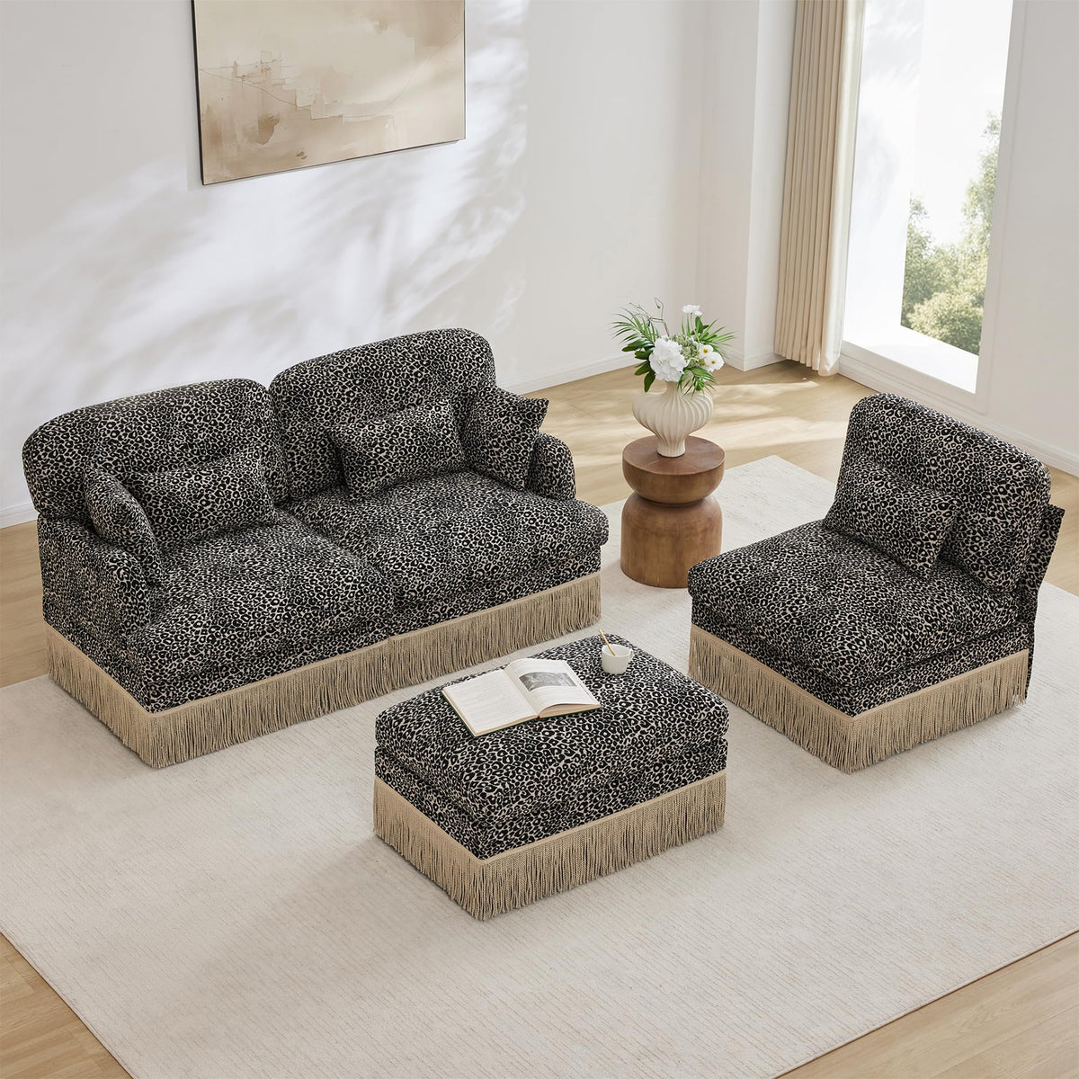 100" L Shaped Sectional Sofa with Ottoman, Chenille Leopard Print Couch