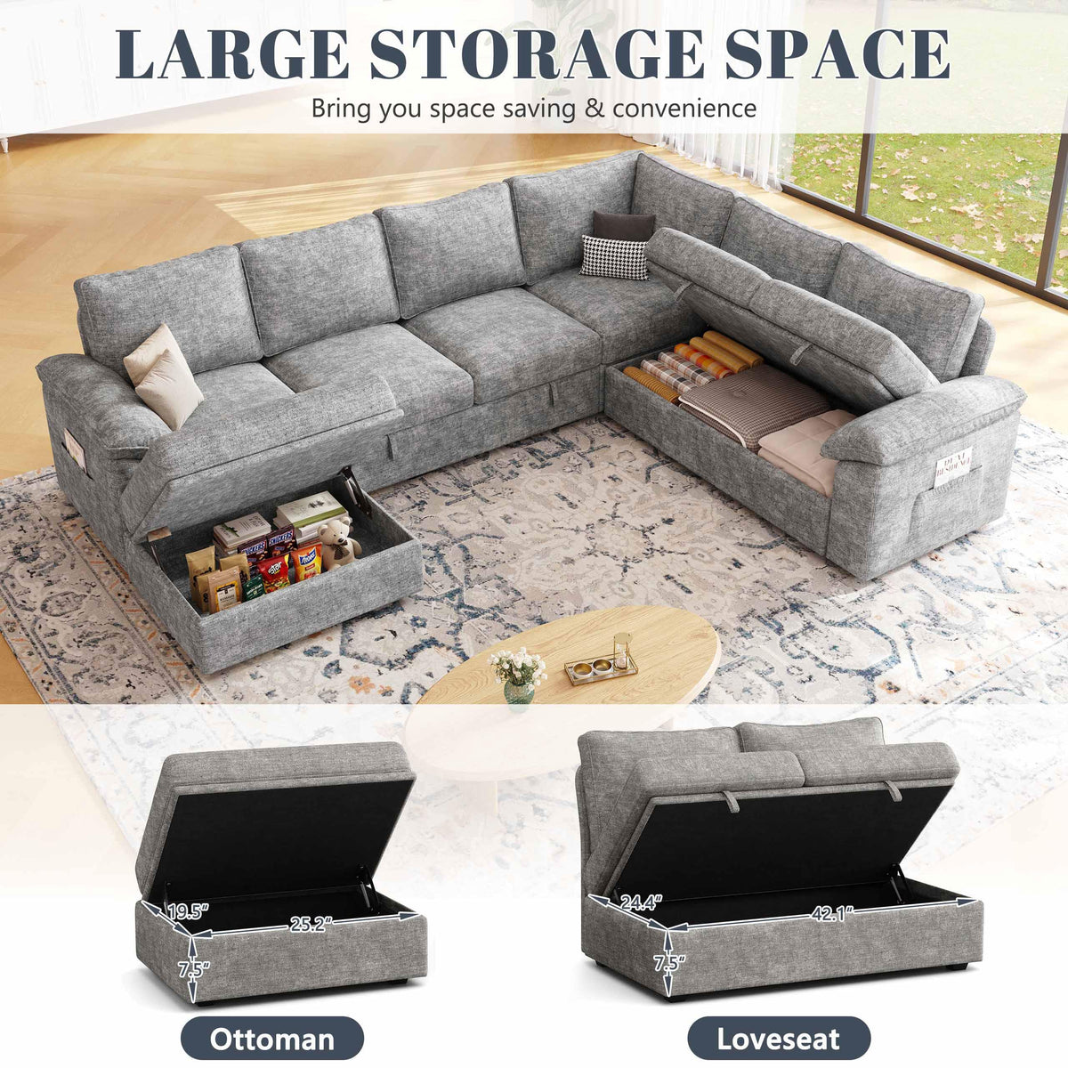 Weture 108" Modular U Shaped Sectional Sofa with Pull Out Sleeper Bed and Storage, 7 Seater Cloud Couch for Living Room, Light Grey