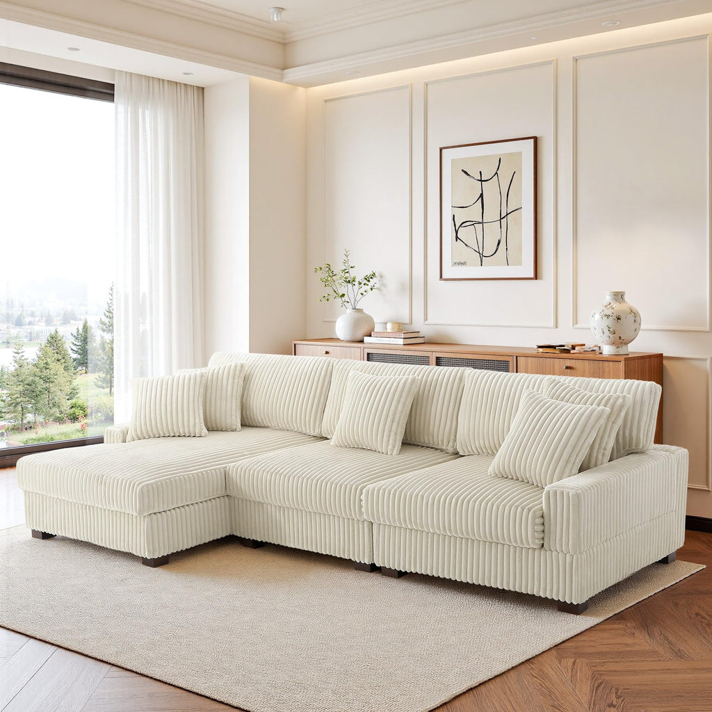 118.3" L-Shaped Modular Sectional Sofa with Chaise, Comfy Corduroy Fluffy Couch with Deep Seat, Flexible Module Combination for Living Room, Cotton Flannel Light Brown