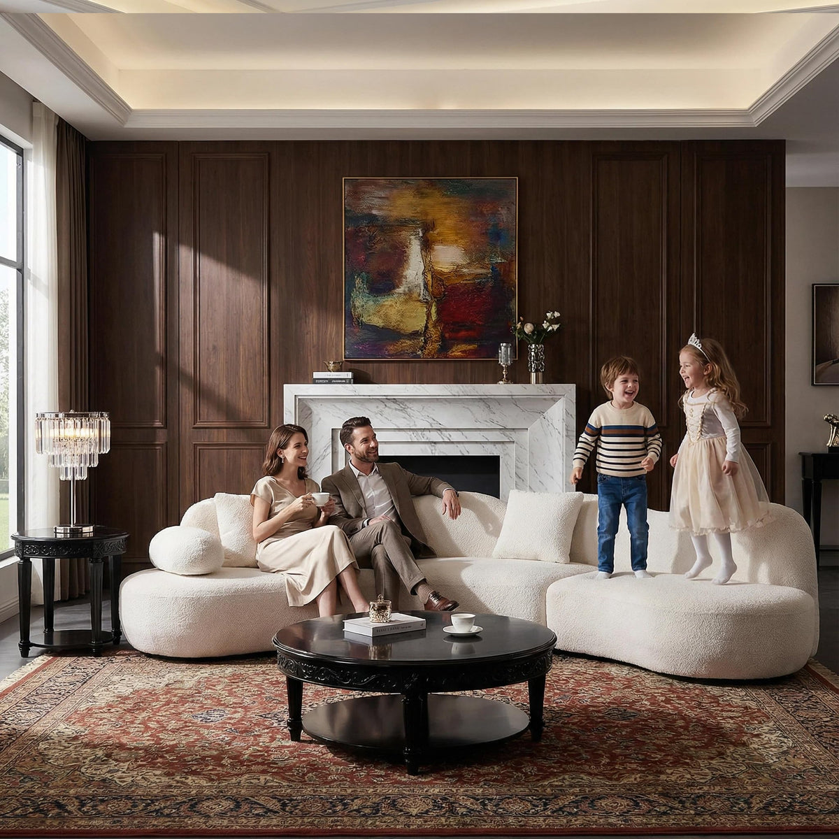 128” Oversized Modern Curved Sectional Sofa,5-Seater Boucle Couch with 2 Pillows,Modular V-Shaped Sofa with Unique Butterfly Backrest,Deep Seat Couches for Living Room,Bedroom,Apartment (White)