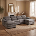 113" Cloud Couch Sectional Modular Sofa U Shaped Sectional Couches for Living Room Comfy Chenille 5 Seat Cloud Sofa Set with 4 Pillows, Chaise Lounge, Movable Ottoman, Stone Grey