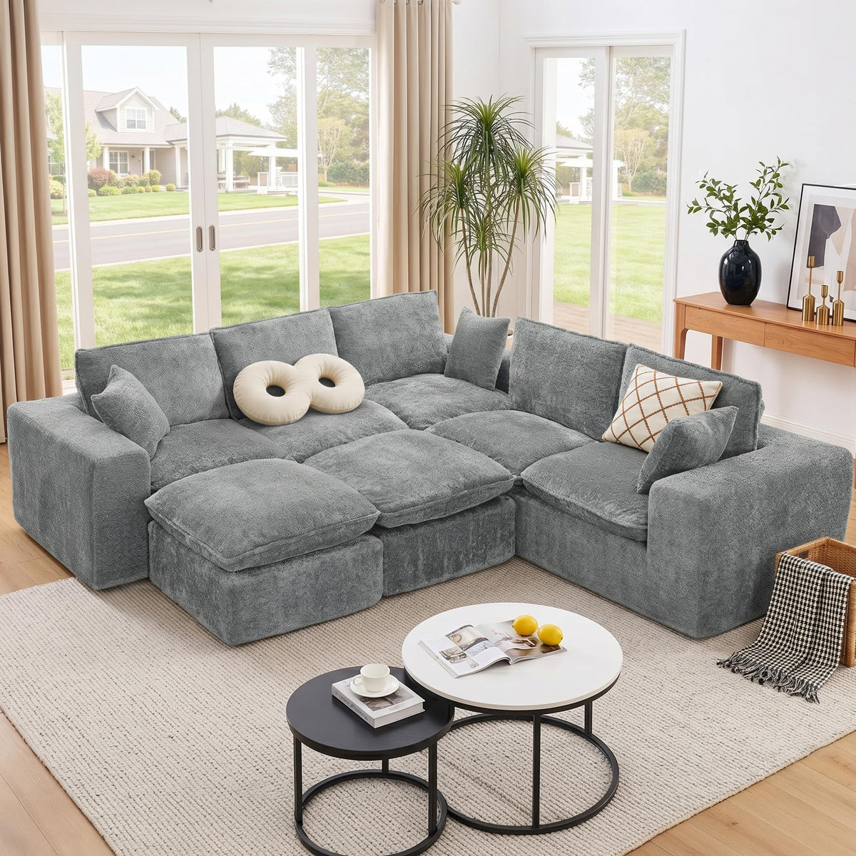 107'' Modular Sectional Sleeper Sofa, 5 Seater Corner Couch, Modern L Shaped Sectional Couch with Ottoman, Boneless Cloud Couches for Living Room (Green, L Shaped Sofa (5+2))