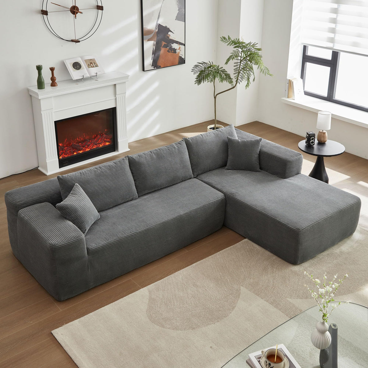 104" L-Shape Modular Sectional Sofa Couch,Comfy Upholstered Cloud Couch for Living Room,Modern Minimalist Couches,Deep Seat,No Assembly Required (Black,Plush Corduroy, Right Facing Chaise w/Ottoman)