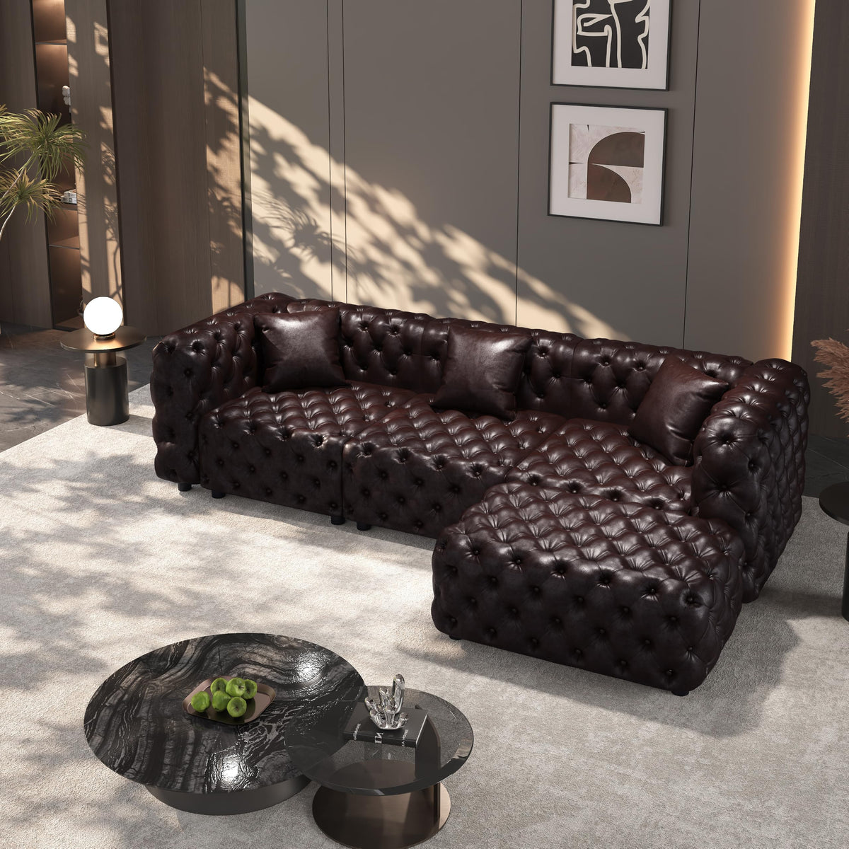 106" L Shaped Faux Leather Couch, Chesterfield Sofa Set-Dark Brown