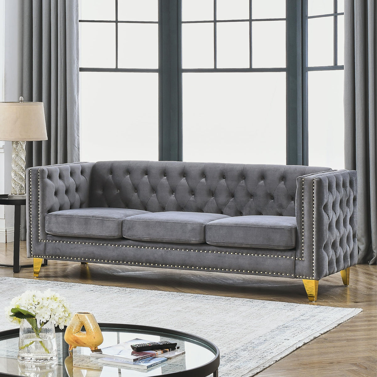 Velvet Tufted Chesterfield Sofa,Buttons Tufted Square Arm Couch, 3-Seater Couch with Nailhead Trim and Metal Legs, 80.5 Inch, for Living Room (Beige)