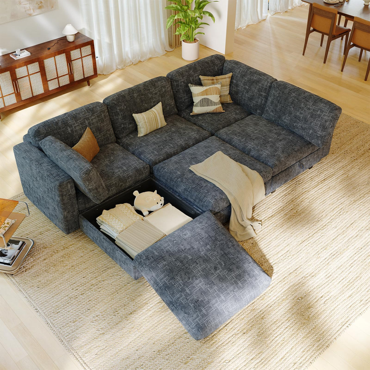 125" Chenille Modular Sectionals Sleeper Sofa Bed, Convertible L/U Shaped Modular Sectional Couch with Storage, 10 Seat Modern Cloud Couch Bed with Ottomans, Sectional Couches for Living Room, Grey