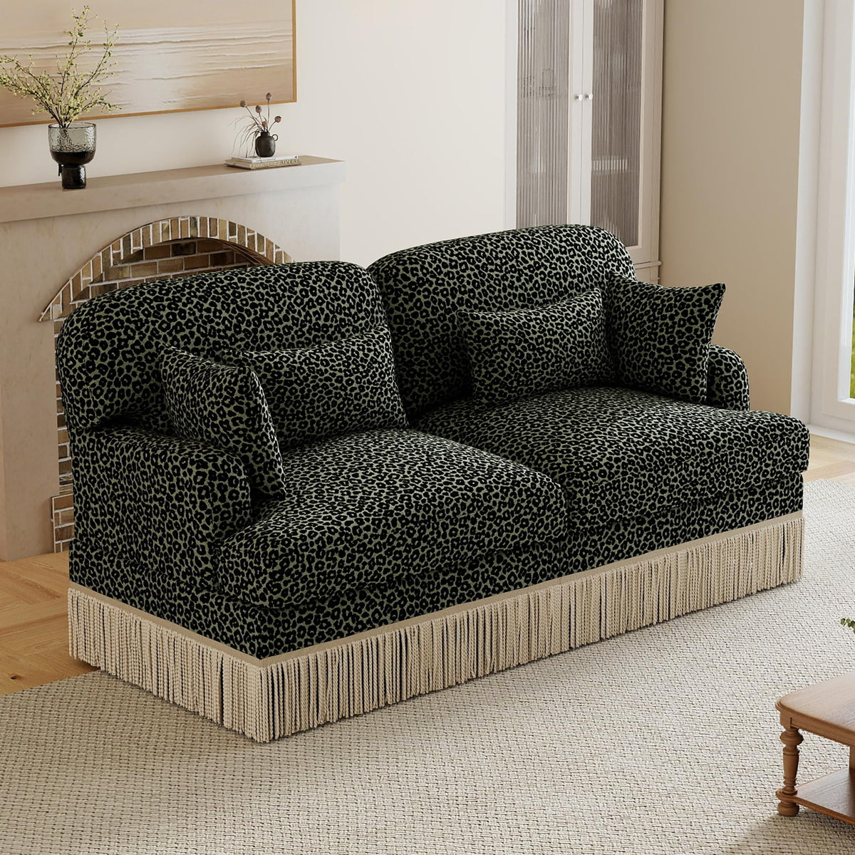 100" Leopard Print Chenille Modular Sectional Sofa with Tassels, L-Shaped Deep Seat Cloud Couch with Ottomans for Living Room, BGE-KHK
