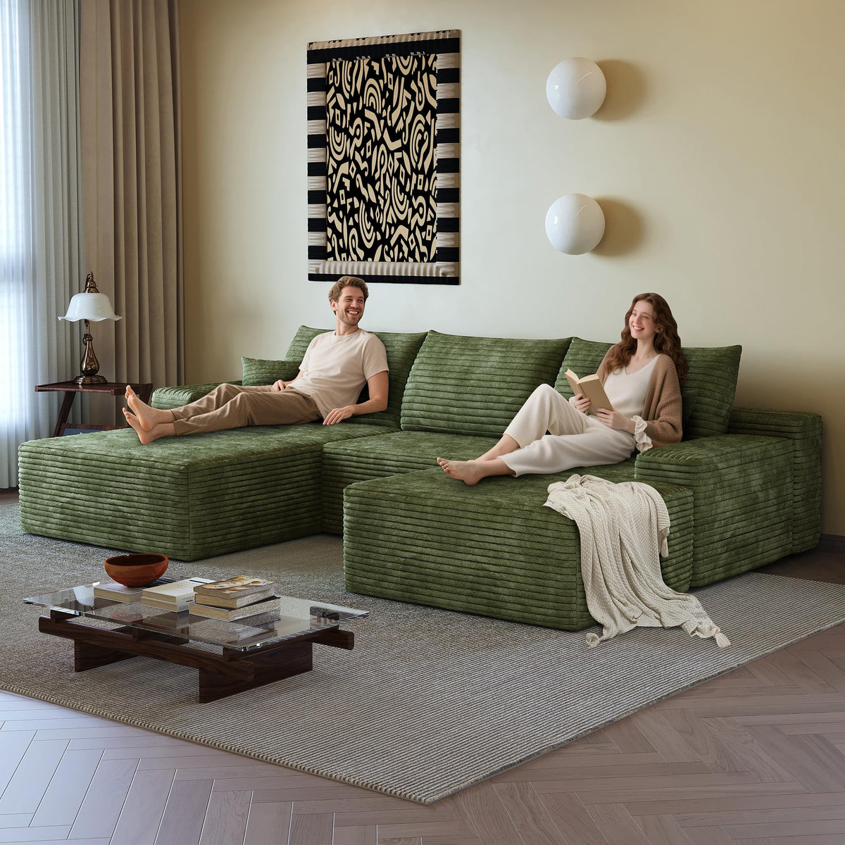 107" Plush Corduroy Deep Seat Chaise Lounge Indoo, Modern Boneless Compressed Floor Sectional Sofa with High-Resilience Foam, Free Combination Modular Cloud Sectional Sofa for Living Room, Green