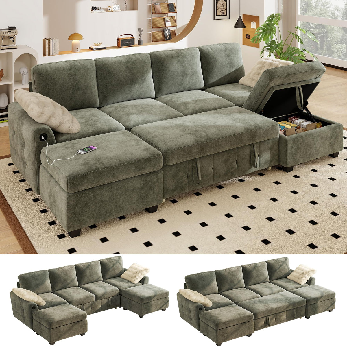 WorthFurni 104" Oversized 6 Seat L Shaped Sectional Sofa, Corduroy Convertible Couch with Pull Out Bed, Movable Storage Ottoman, USB Port, 2 Pillows & Storage Pocket for Living Room（Gray）