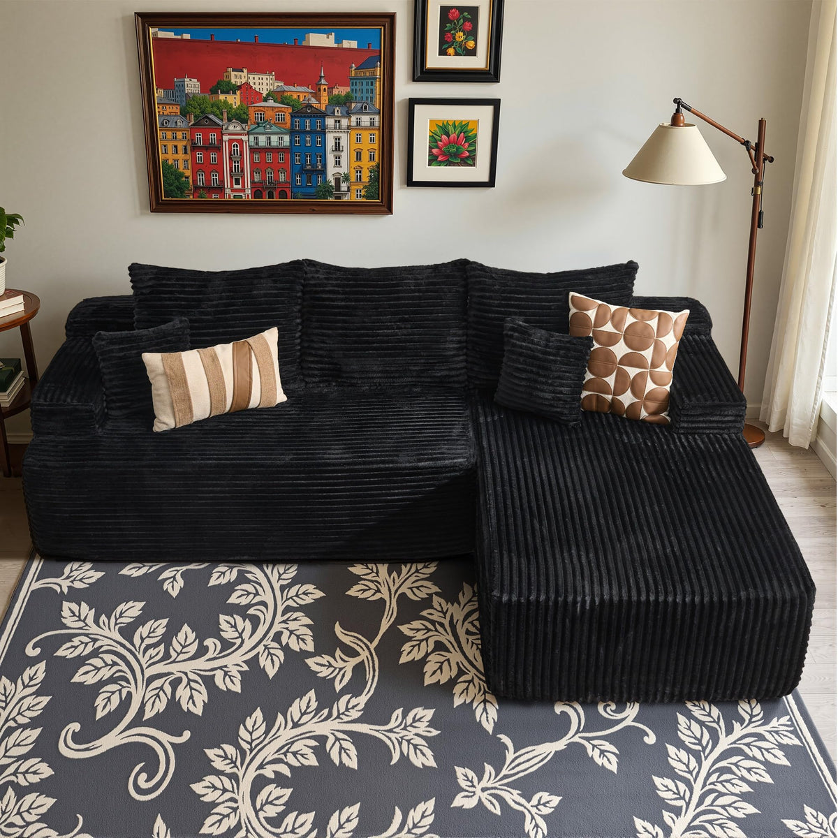 106" Cloud Sectional Couch with L-Shape Chaise & Ottoman, No Assembly Modular Sofa, Deep Seat Plush Corduroy Boneless Couched for Living Room (Black Plush Corduroy, L Shape with Ottoman-Left Facing)