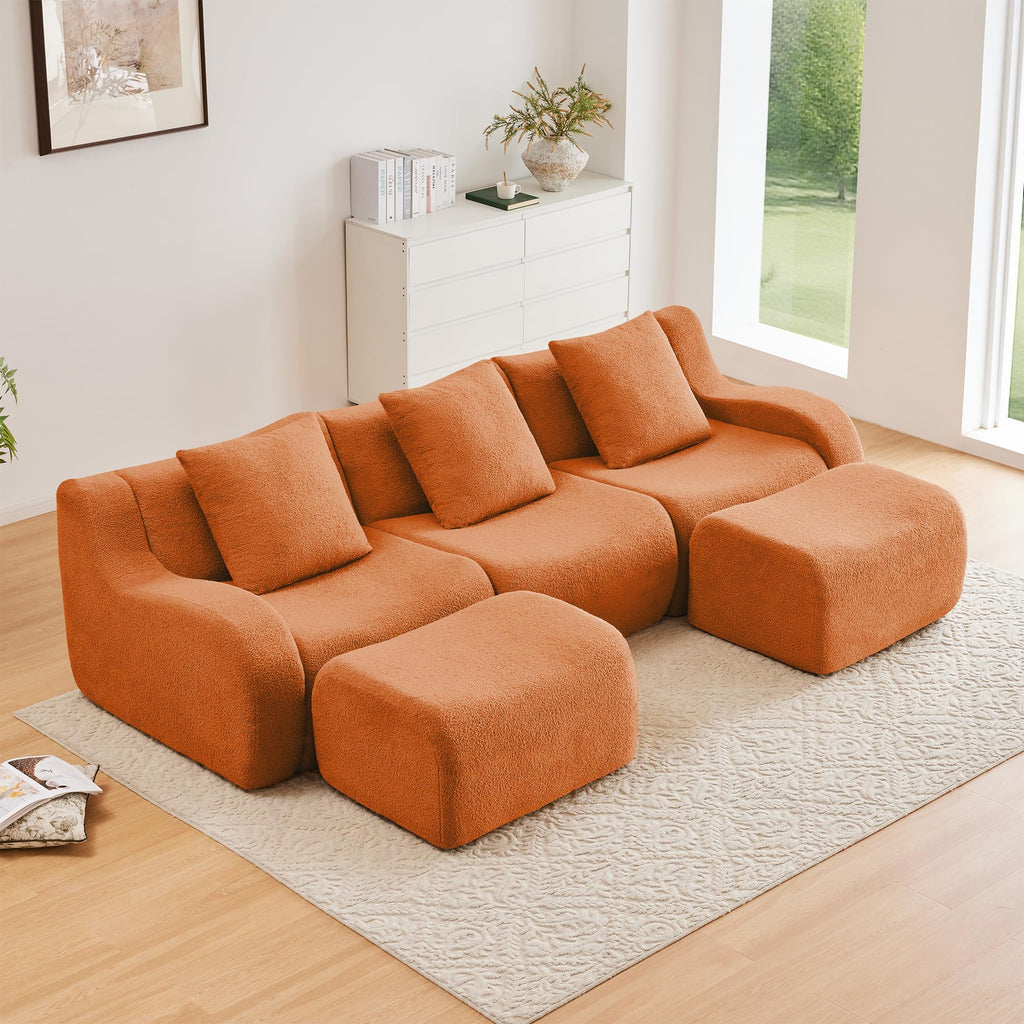 Tidyard U-Shaped Soft Teddy Fabric Sectional Sofa, No Assembly Required, Curved Armrest, Anti-Slip Base, 32D High-Density Sponge, Orange Living Room Couch for Reading Nook